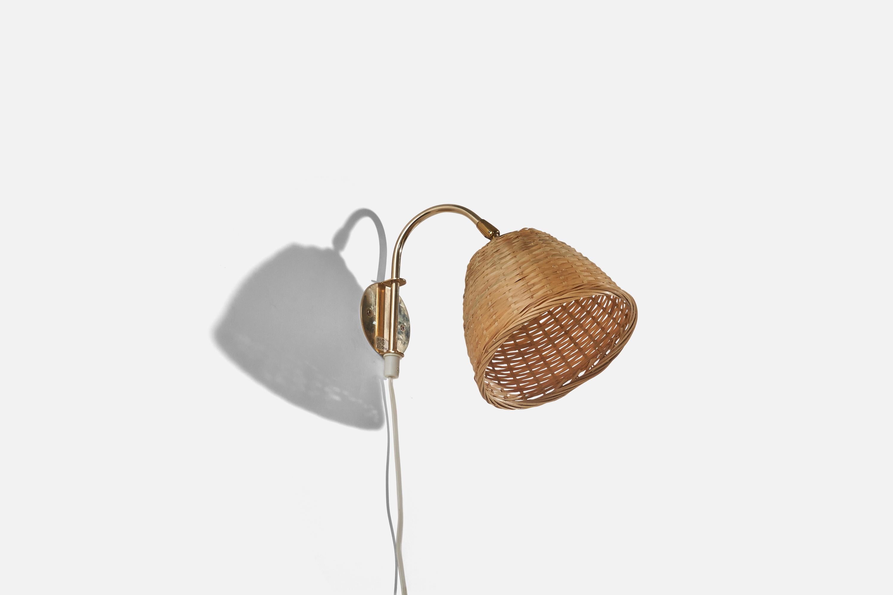 Mid-20th Century Swedish Designer, Sconce, Brass, Rattan, Sweden, C. 1960s For Sale