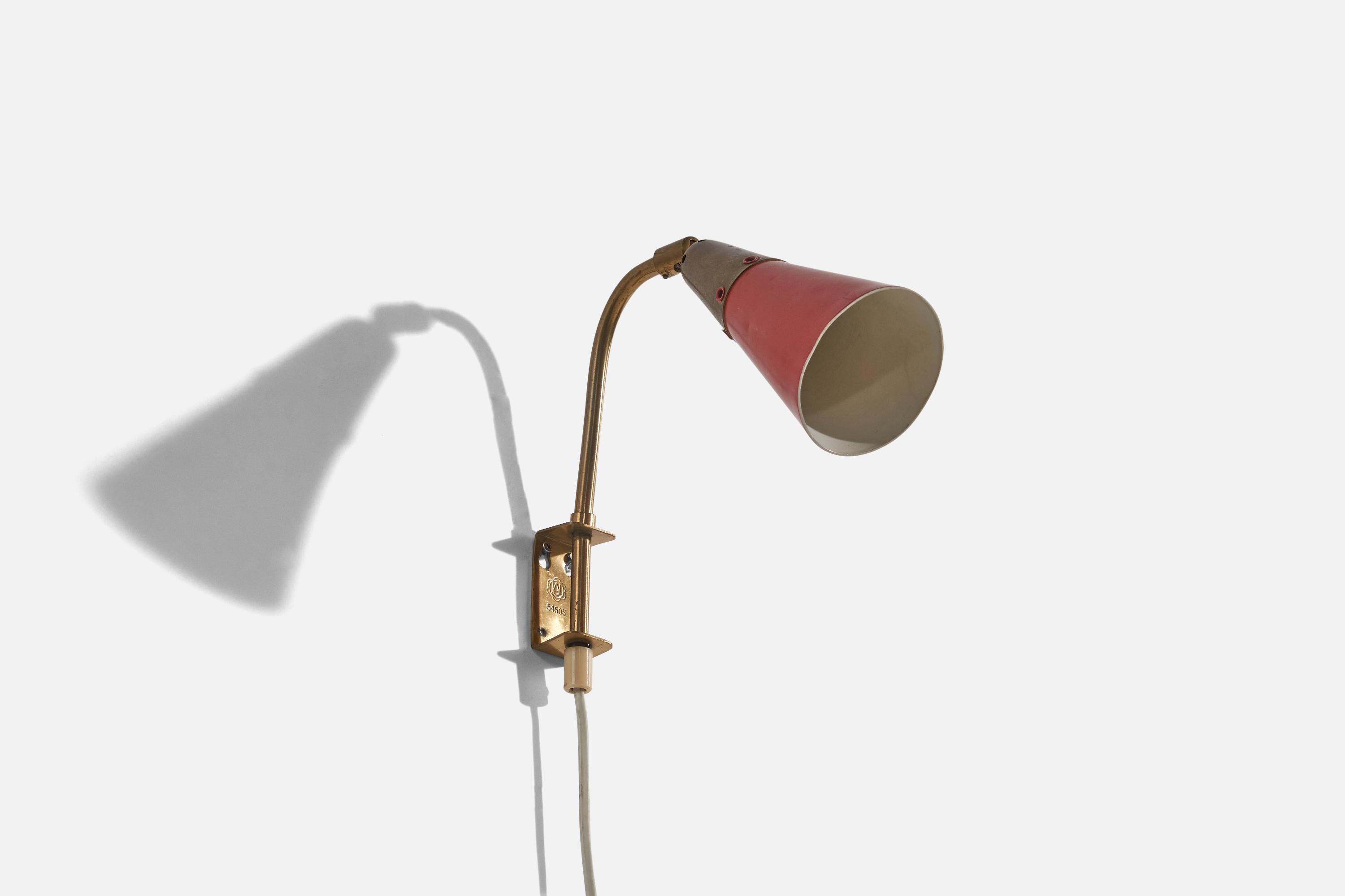 Mid-Century Modern Swedish Designer, Sconce, Brass, Red Lacquered Metal, Sweden, c. 1940s For Sale