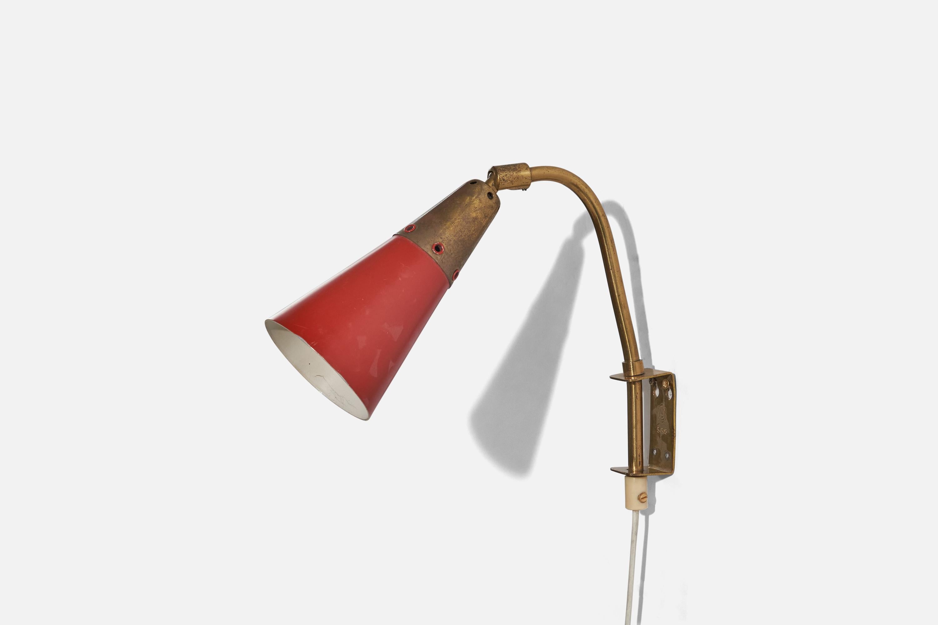 Mid-20th Century Swedish Designer, Sconce, Brass, Red Lacquered Metal, Sweden, c. 1940s For Sale