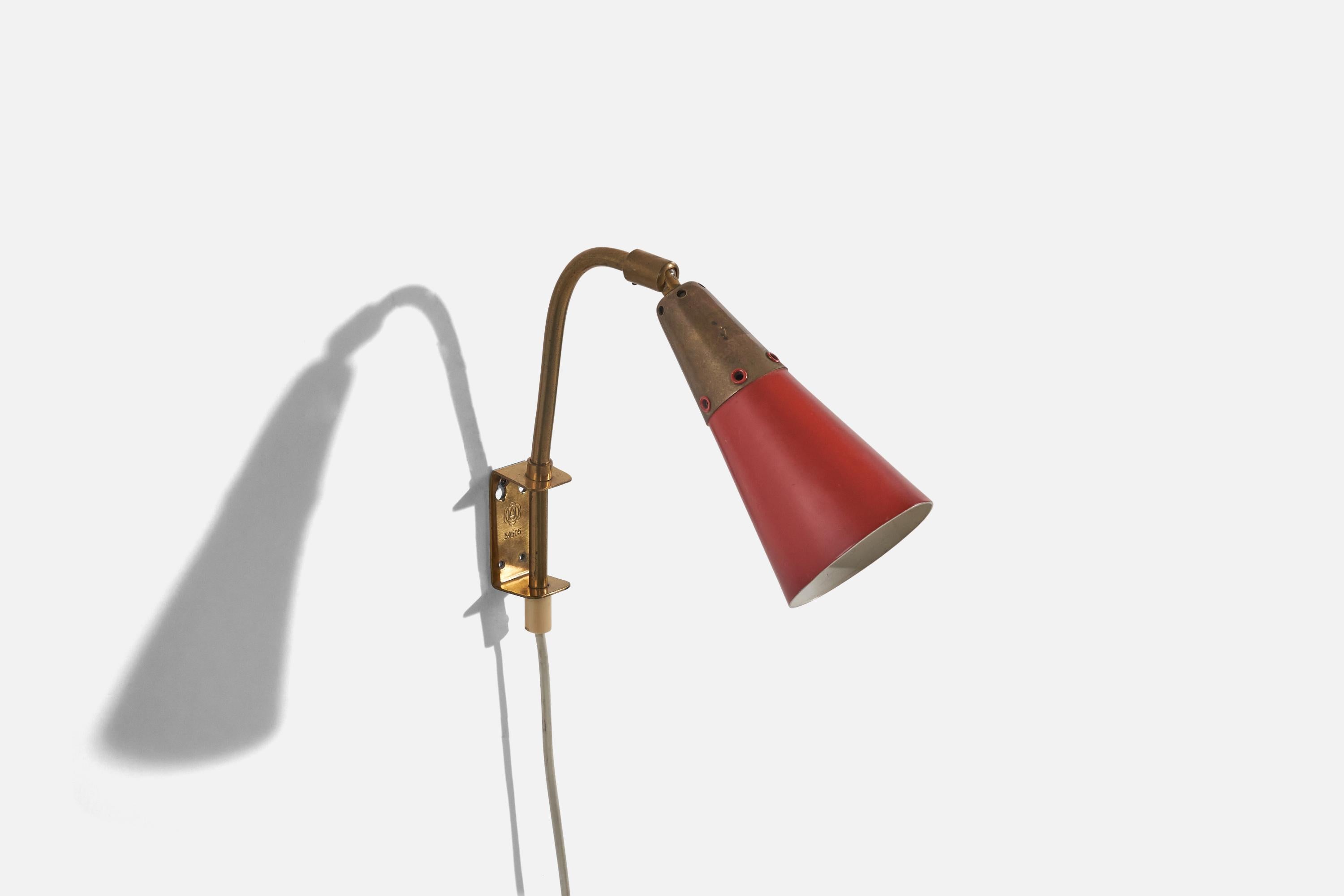 Swedish Designer, Sconce, Brass, Red Lacquered Metal, Sweden, c. 1940s For Sale 1