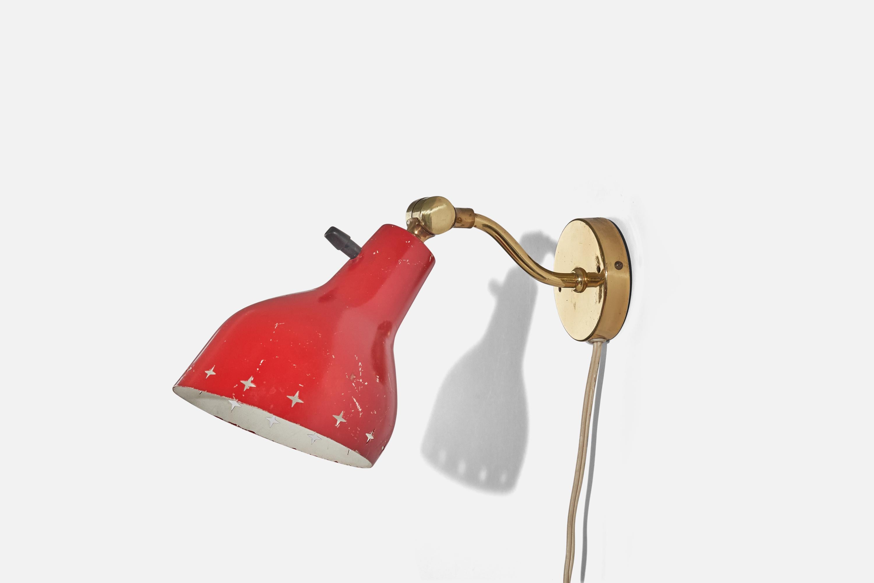 A brass and red-lacquered metal sconce designed and produced in Sweden, c. 1950s.

