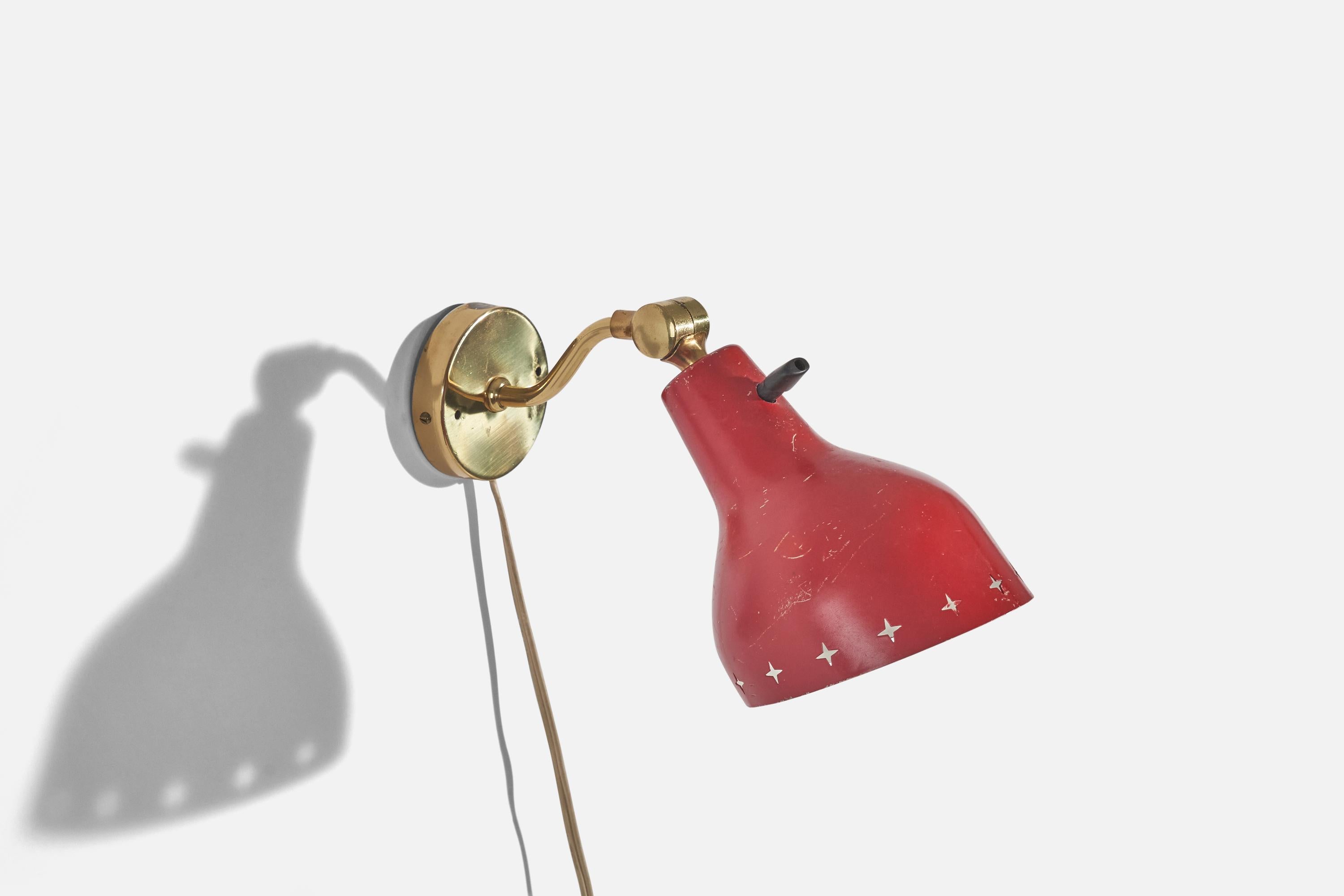 Scandinavian Modern Swedish Designer, Sconce, Brass, Red-Lacquered Metal, Sweden, c. 1950s For Sale