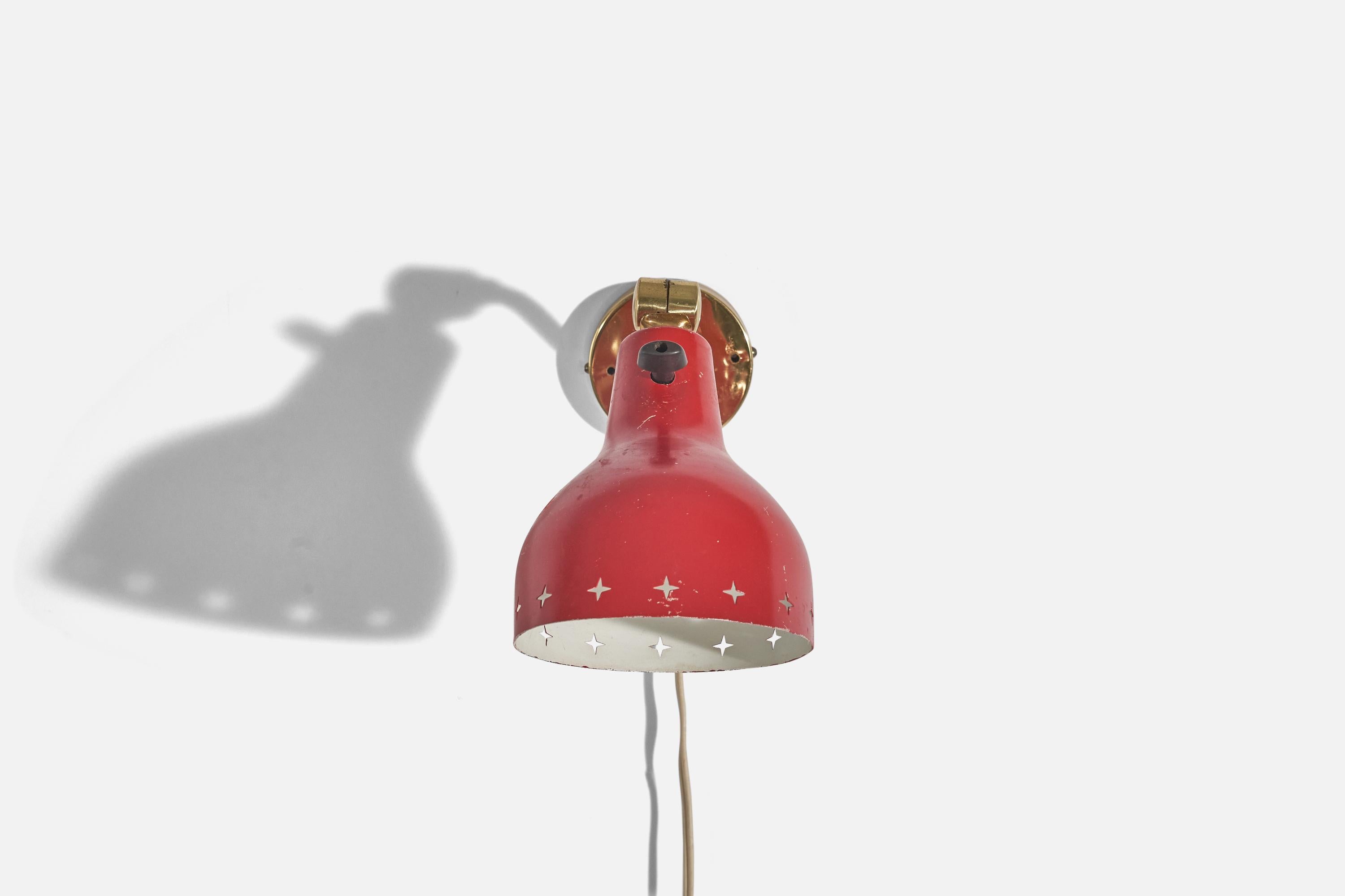 Swedish Designer, Sconce, Brass, Red-Lacquered Metal, Sweden, c. 1950s In Good Condition For Sale In High Point, NC