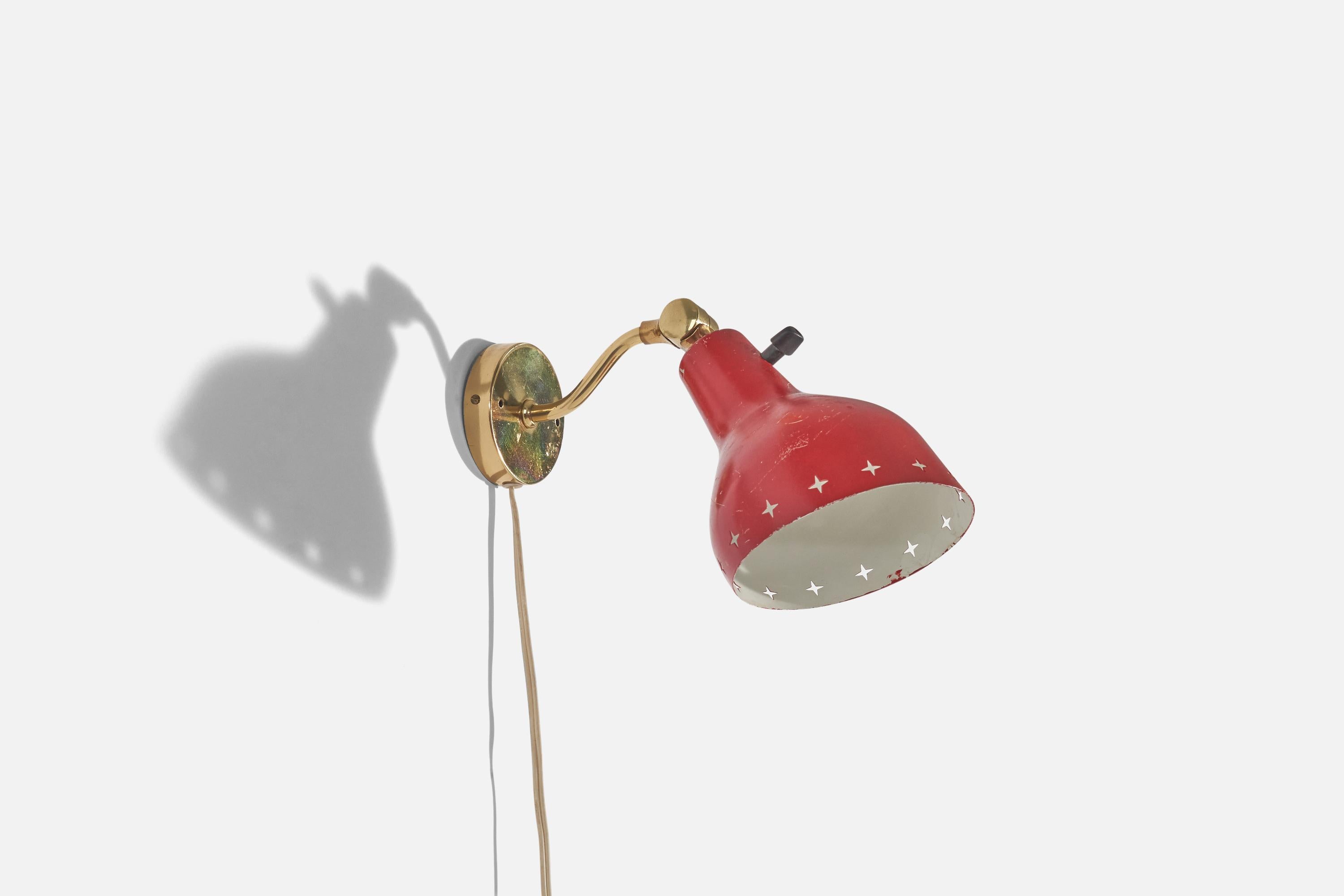 Mid-20th Century Swedish Designer, Sconce, Brass, Red-Lacquered Metal, Sweden, c. 1950s For Sale