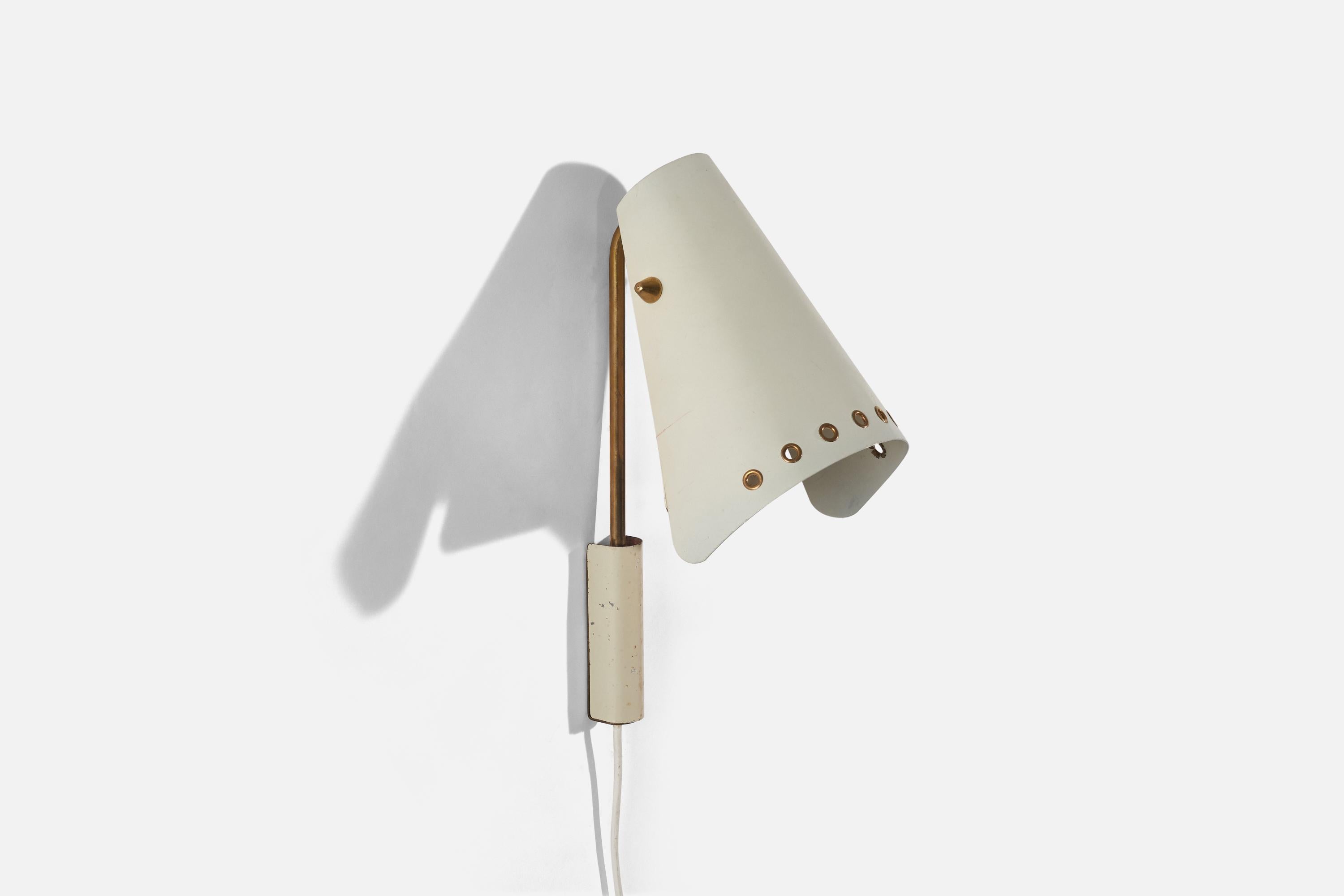 Mid-20th Century Swedish Designer, Sconce, Brass, White Lacquered Metal, Sweden, c. 1950s For Sale