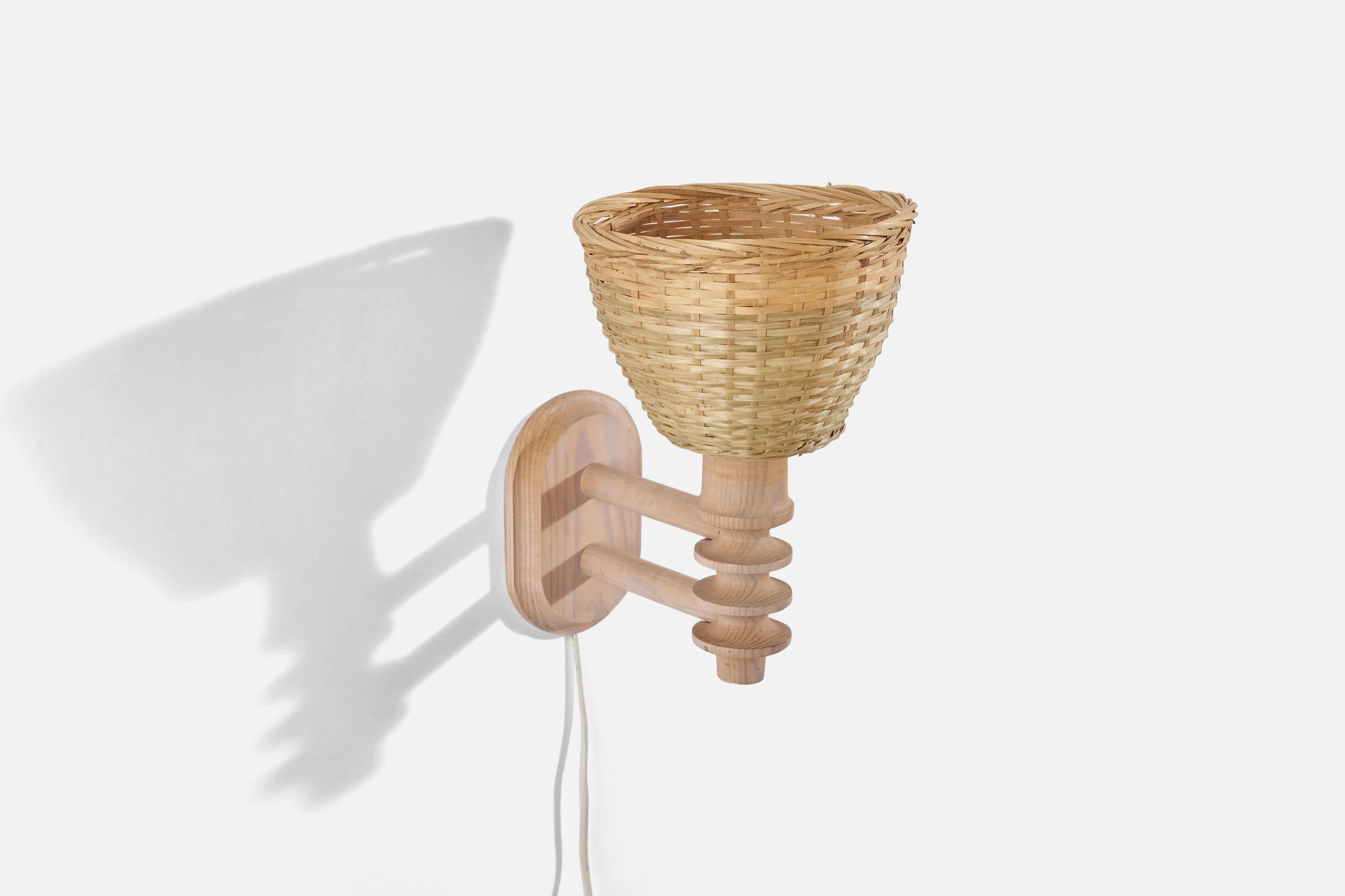 Mid-Century Modern Swedish Designer, Sconce, Pine, Rattan, Sweden, 1960s For Sale