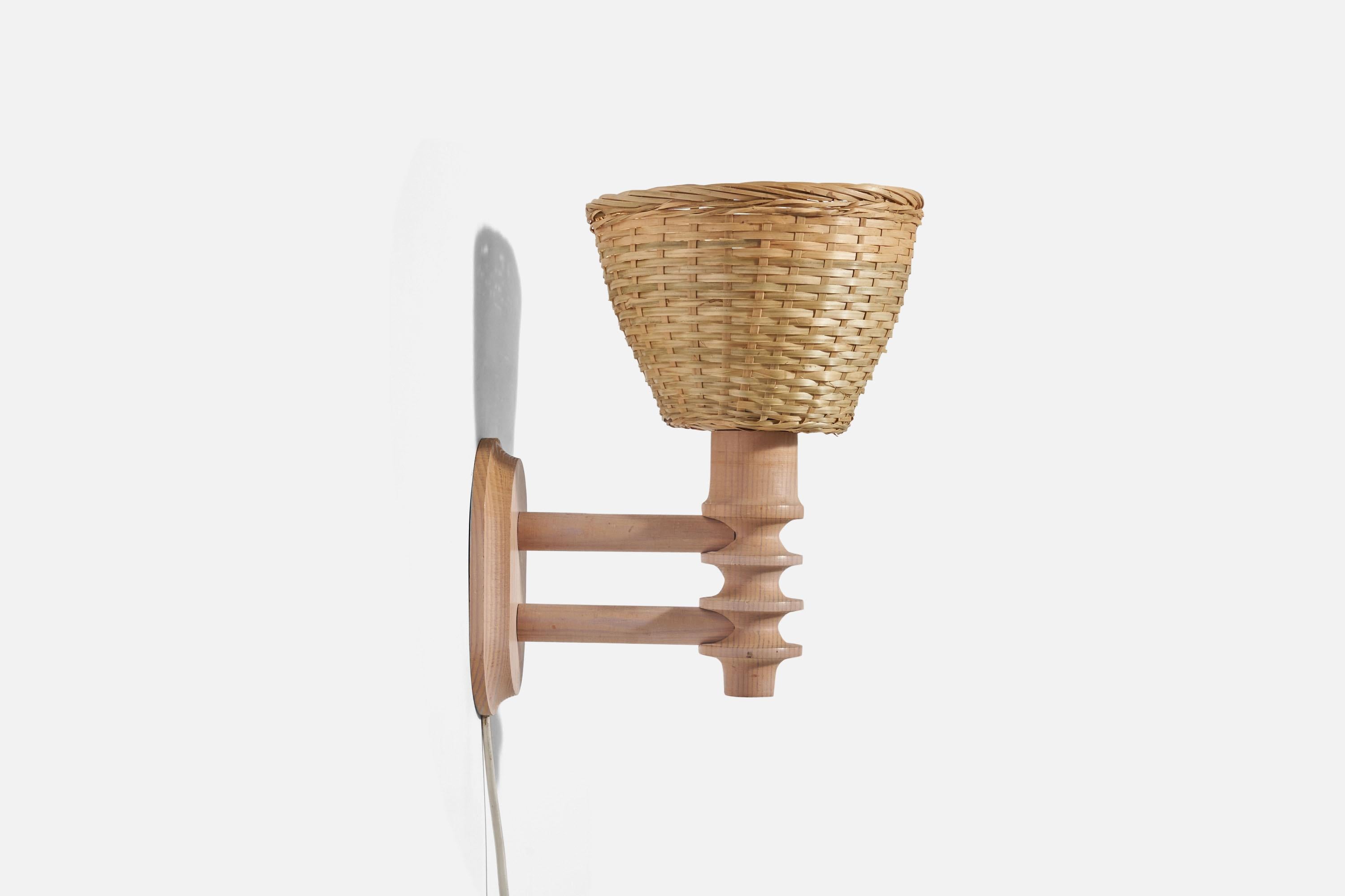 Mid-20th Century Swedish Designer, Sconce, Pine, Rattan, Sweden, 1960s For Sale