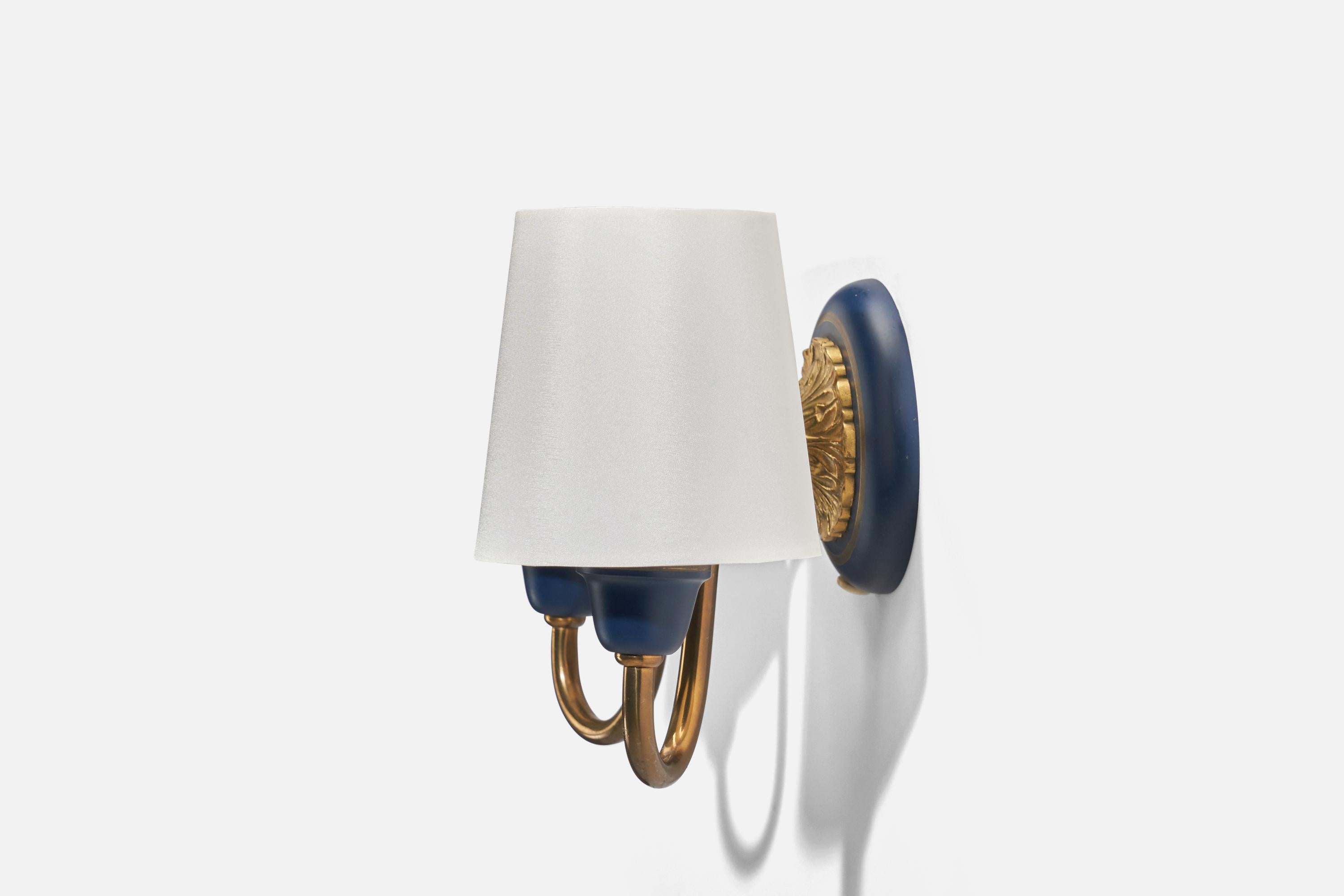 Mid-20th Century Swedish Designer, Sconces, Brass, Blue Lacquered Metal, Fabric, Sweden, 1950s