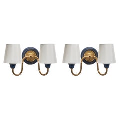 Swedish Designer, Sconces, Brass, Blue Lacquered Metal, Fabric, Sweden, 1950s