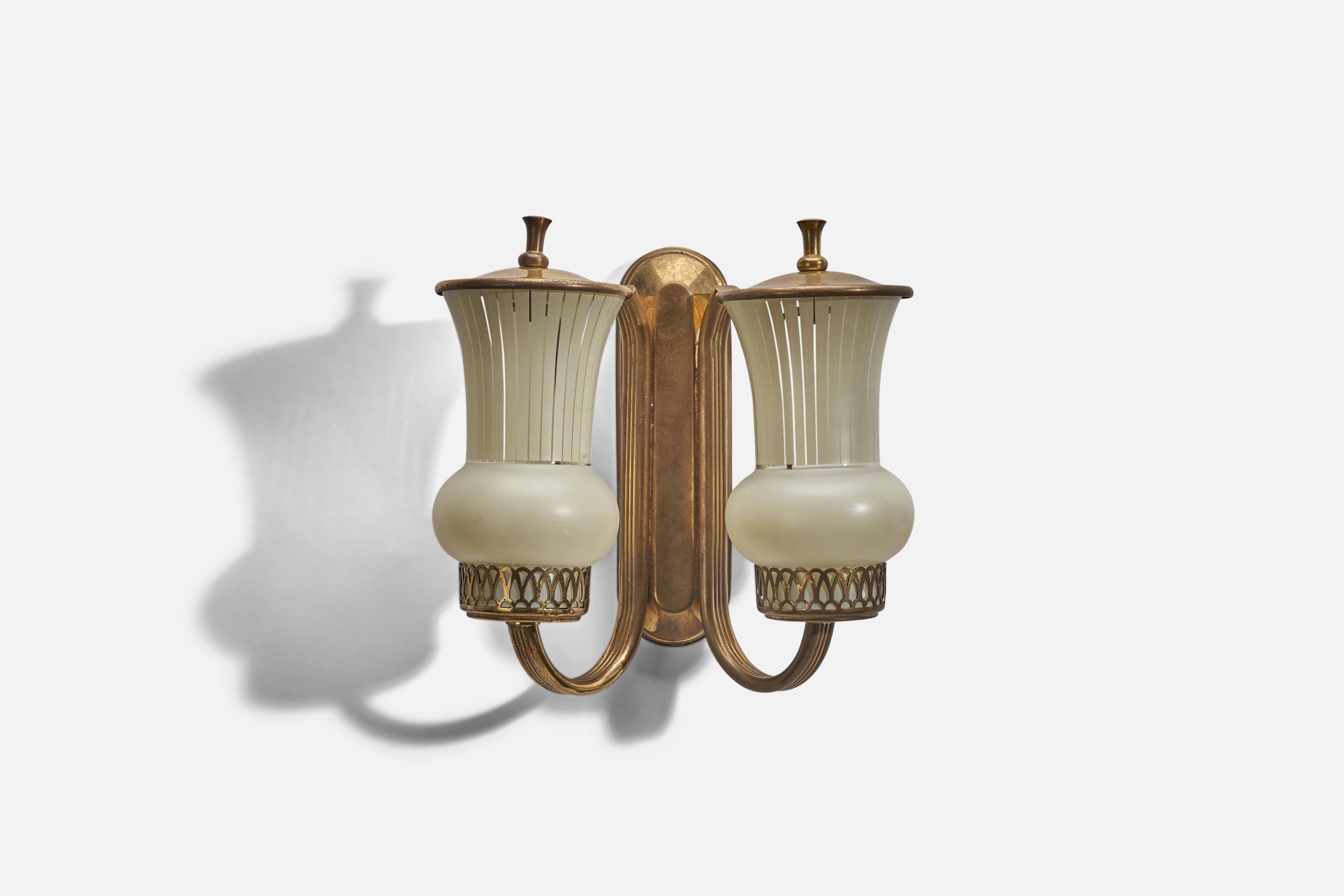 A pair of glass and brass sconces designed and produced in Sweden, 1940s. 

Dimensions of Back Plate (inches) : 7.75 x 2.25 x 1 (Height x Width x Depth)

Sockets take E-14 bulbs.

There is no maximum wattage stated on the fixtures.