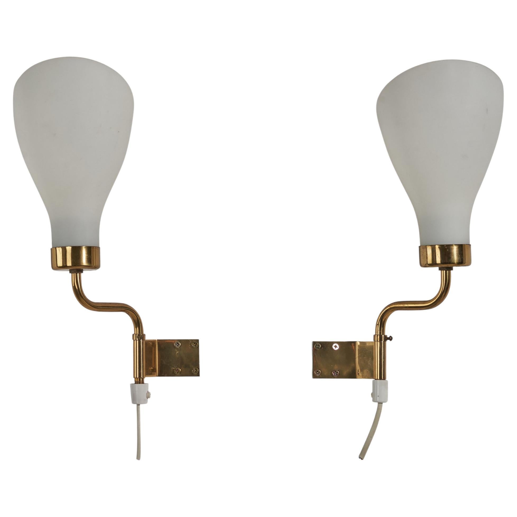 Swedish Designer, Sconces, Brass, Glass, Sweden, 1940s For Sale