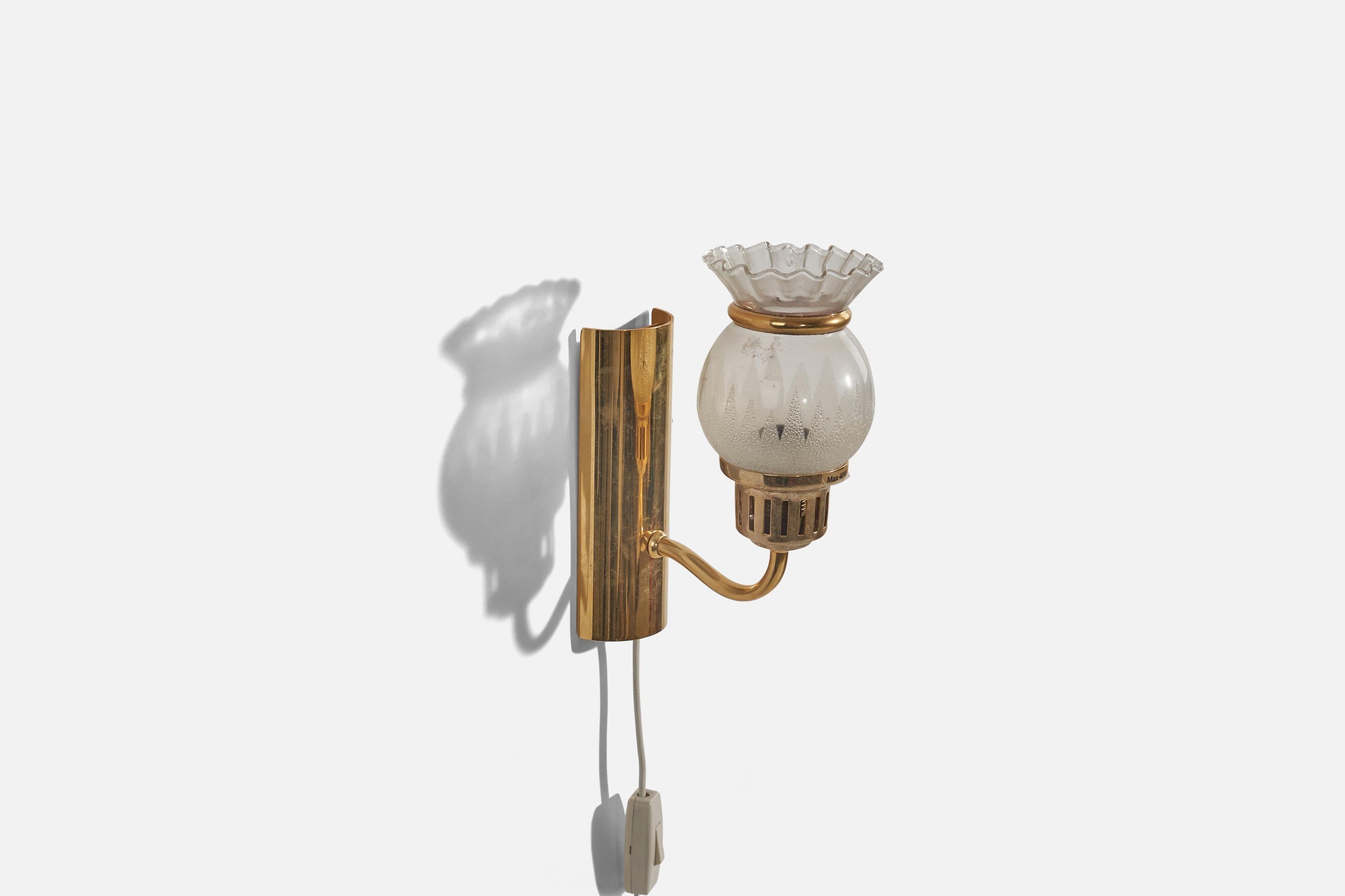 Post-Modern Swedish Designer, Sconces, Brass, Glass, Sweden, c. 1970s For Sale