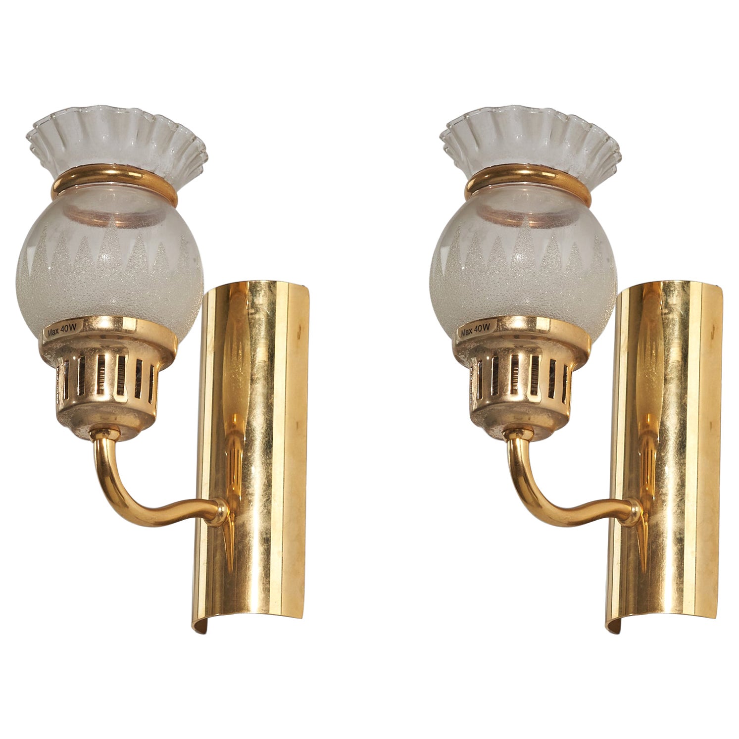 Créateur suédois, appliques, laiton, verre, Suède, vers 1970