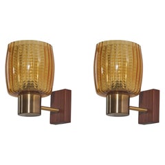 Schwedischer Designer, Wandleuchter, Messing, Glas, Teakholz, Schweden, 1950er Jahre