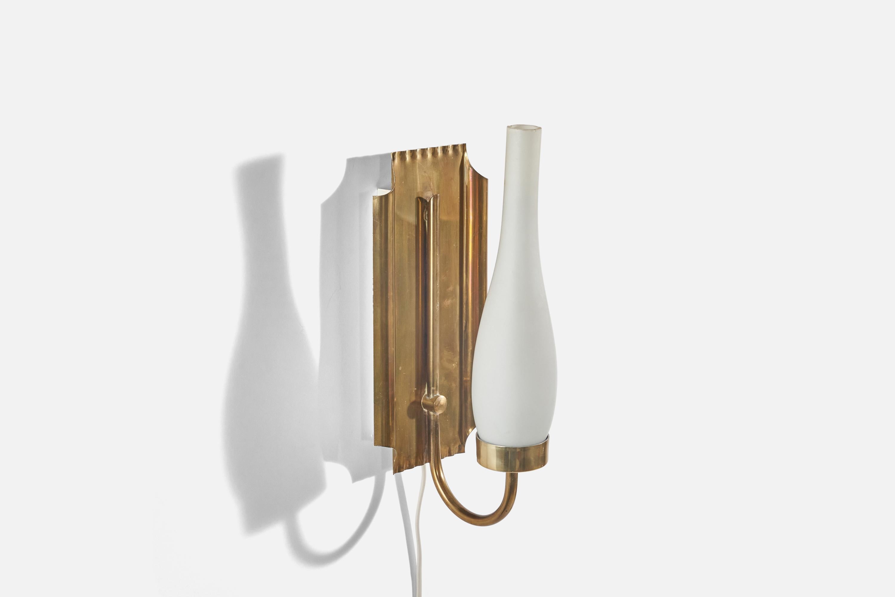 Post-Modern Swedish Designer, Sconces, Brass, Milk Glass, Sweden, c. 1960s For Sale