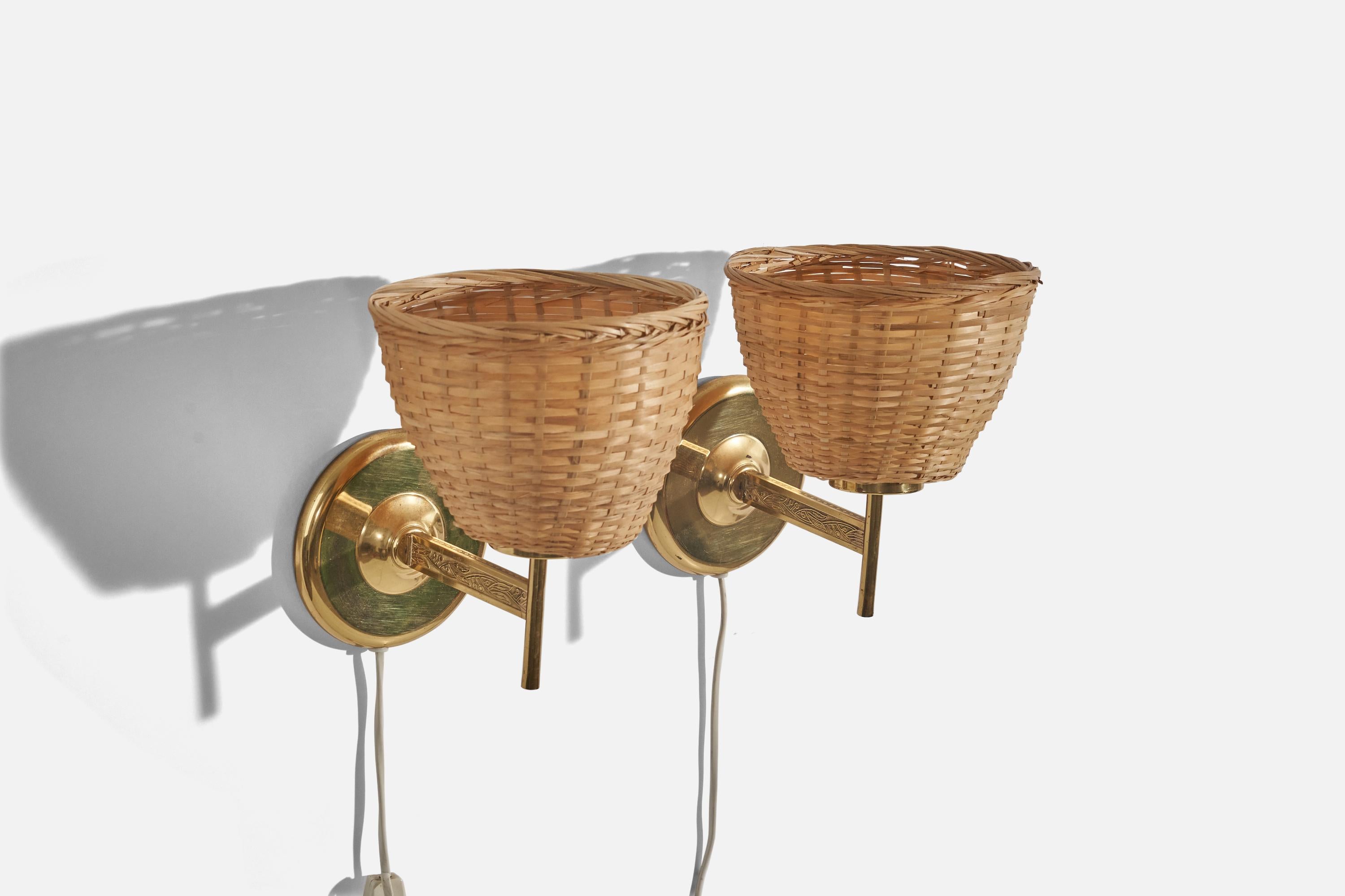 Swedish Designer, Sconces, Brass, Rattan, Sweden, 1950s In Good Condition For Sale In High Point, NC