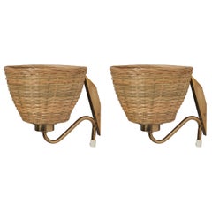 Swedish Designer, Sconces, Brass, Rattan, Sweden, 1950s