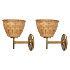 Swedish Designer, Sconces, Brass, Rattan, Sweden, 1950s