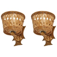 Vintage Swedish Designer, Sconces, Brass, Rattan, Sweden, 1960s