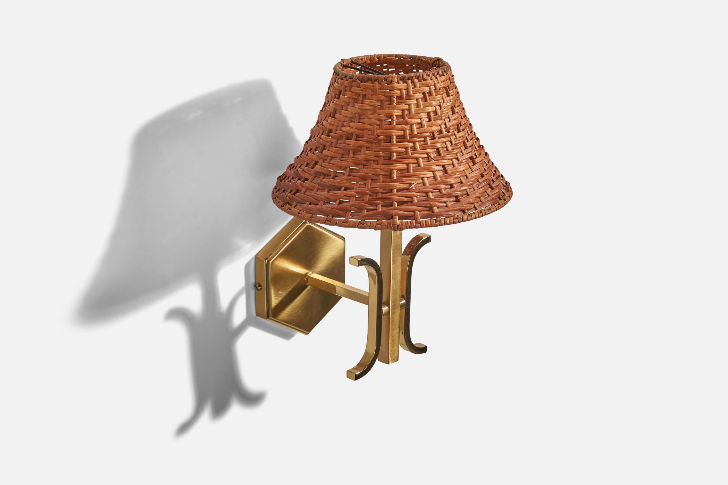 Scandinavian Modern Swedish Designer, Sconces, Brass, Rattan, Sweden, 1970s