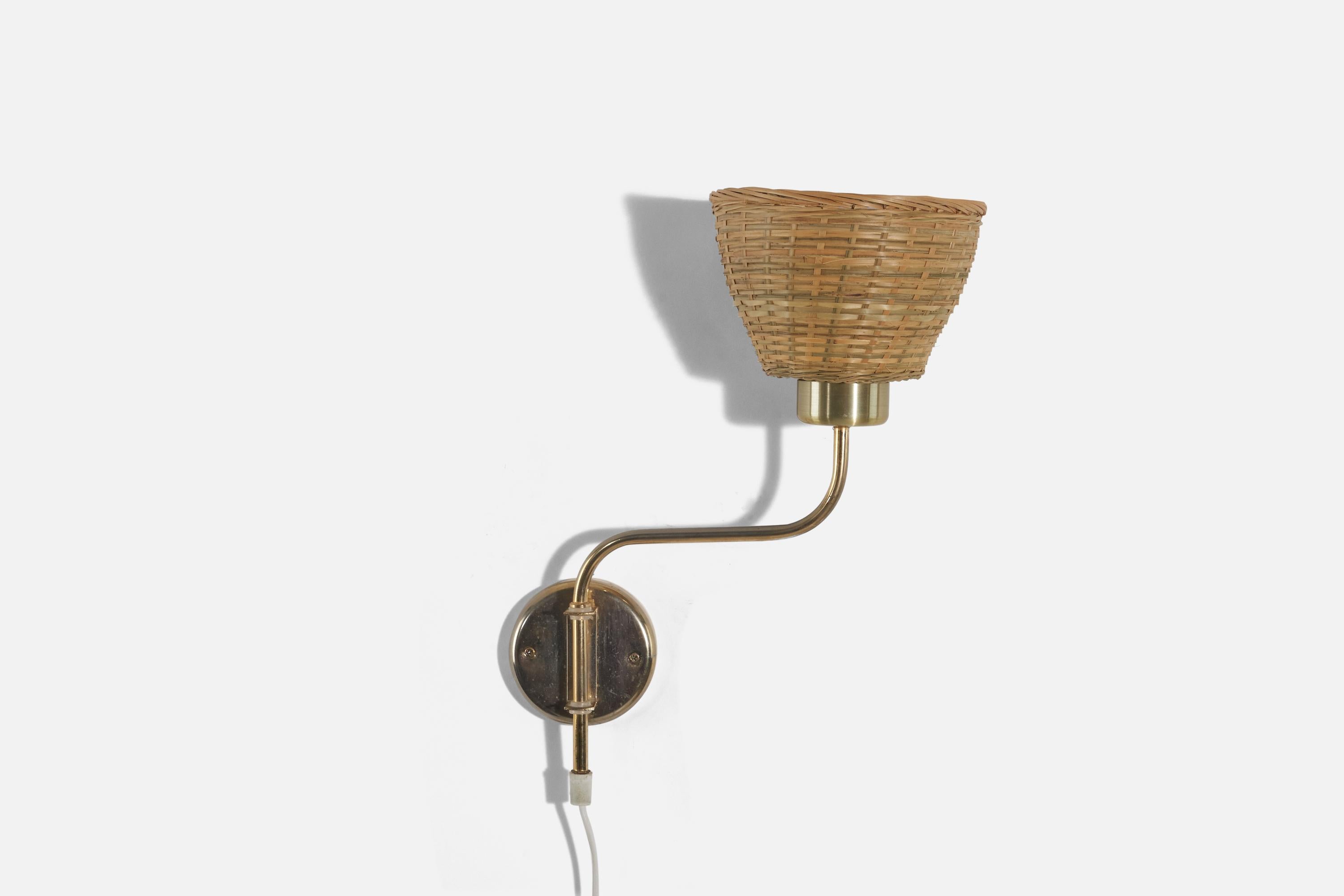 Late 20th Century Swedish Designer, Sconces, Brass, Rattan, Sweden, C. 1970s For Sale