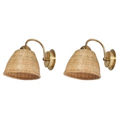 Vintage Swedish Designer, Sconces, Brass, Rattan, Sweden, c. 1970s