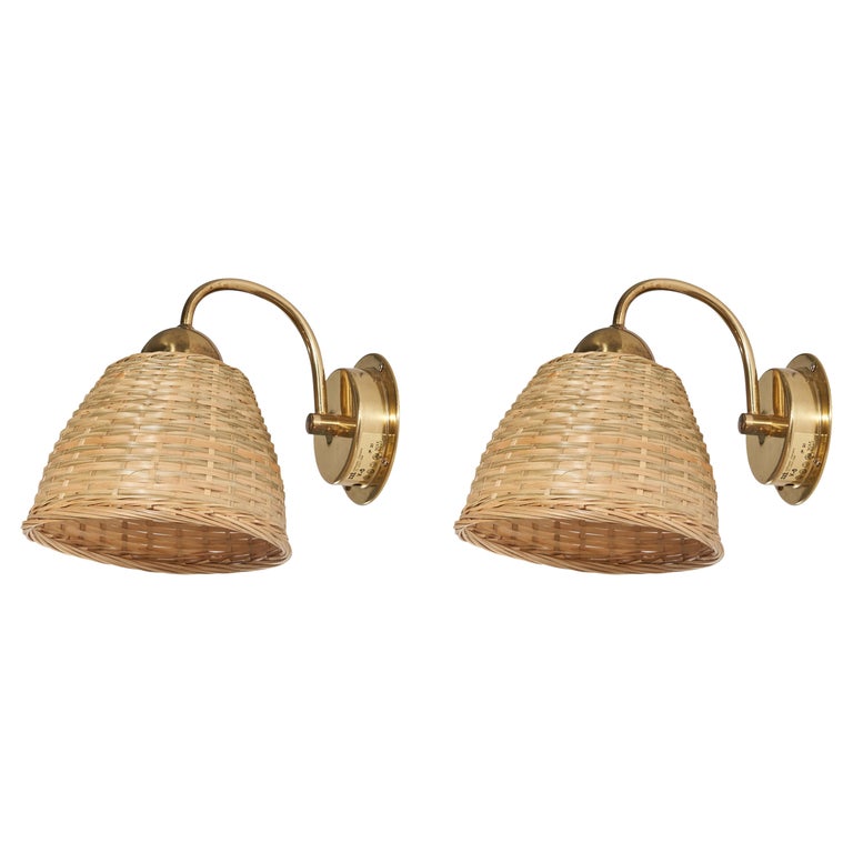 Swedish Designer, Sconces, Brass, Rattan, Sweden, c. 1970s For Sale at ...