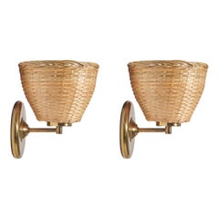 Vintage Swedish Designer, Sconces, Brass, Rattan, Sweden, c. 1970s