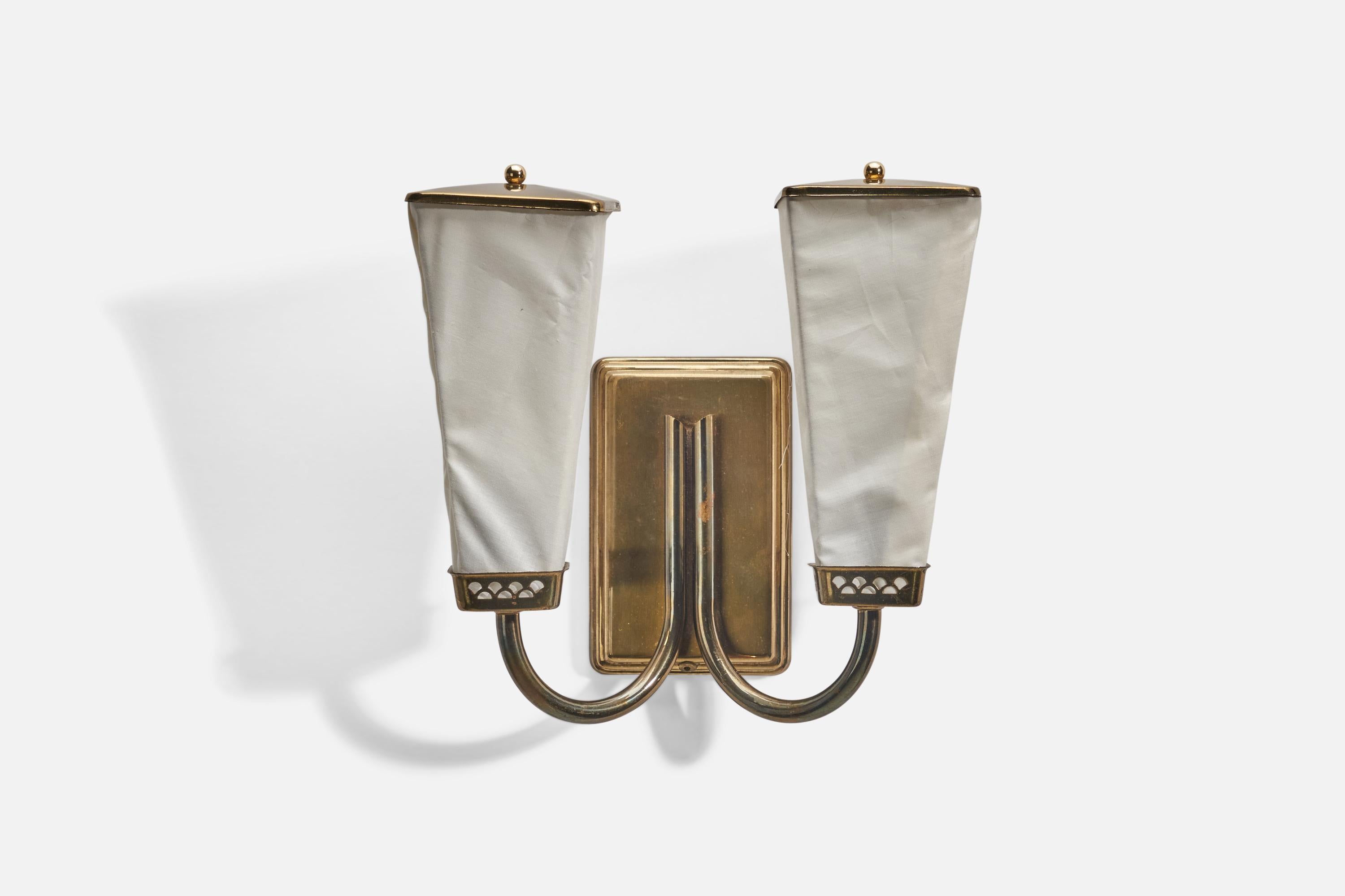 A pair of brass and fabric sconces designed and produced in Sweden, 1940s. 

Dimensions of Back Plate (inches) : 5.20 x 3.31 x 0.58 (Height x Width x Depth)

Sockets take E-14 bulbs.

There is no maximum wattage stated on the fixtures.