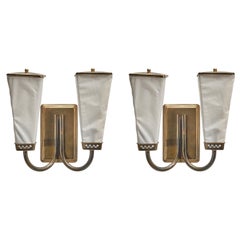 Swedish Designer, Sconces, Brass, White Fabric, Sweden, 1940s