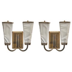 Swedish Designer, Sconces, Brass, White Fabric, Sweden, 1940s 