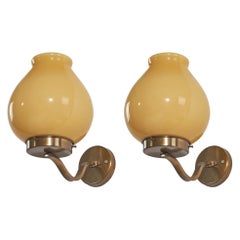 Swedish Designer, Sconces, Brass, Yellow Glass, Sweden, c. 1930s