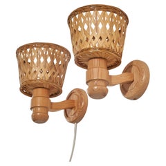 Vintage Swedish Designer, Sconces, Pine, Rattan, Sweden, 1970s