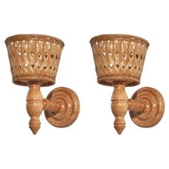 Vintage Swedish Designer, Sconces, Pine, Rattan, Sweden, c. 1970s