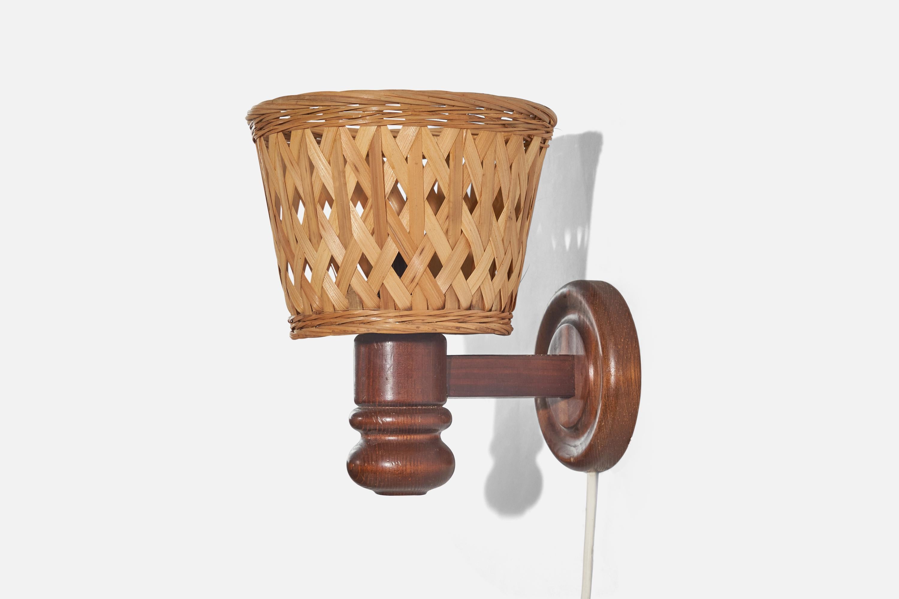 Swedish Designer, Sconces, Stained Pine, Rattan, Sweden, c. 1970s For Sale 1