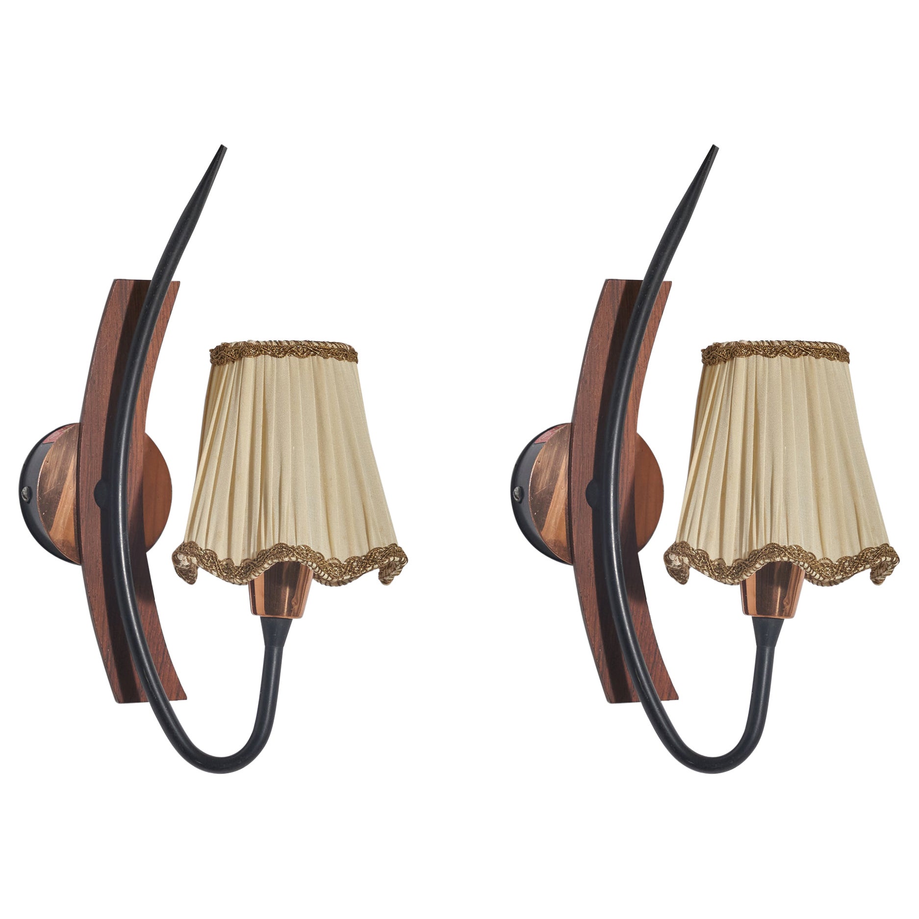 Swedish Designer, Sconces, Teak, Metal, Copper, Fabric, Sweden, c. 1960s