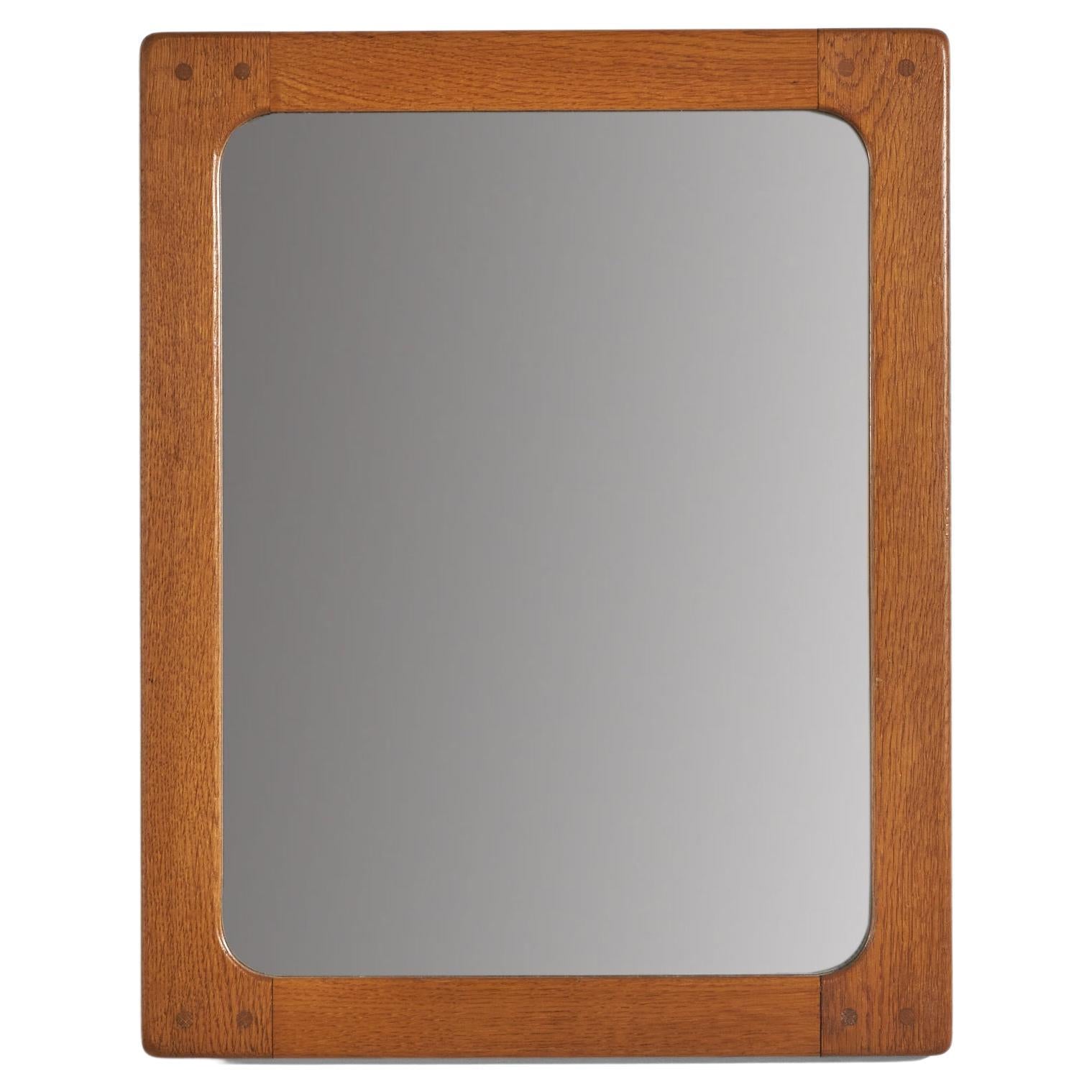 Swedish Designer, Sculptural Wall Mirror, Stained Oak, Glass, 1950s