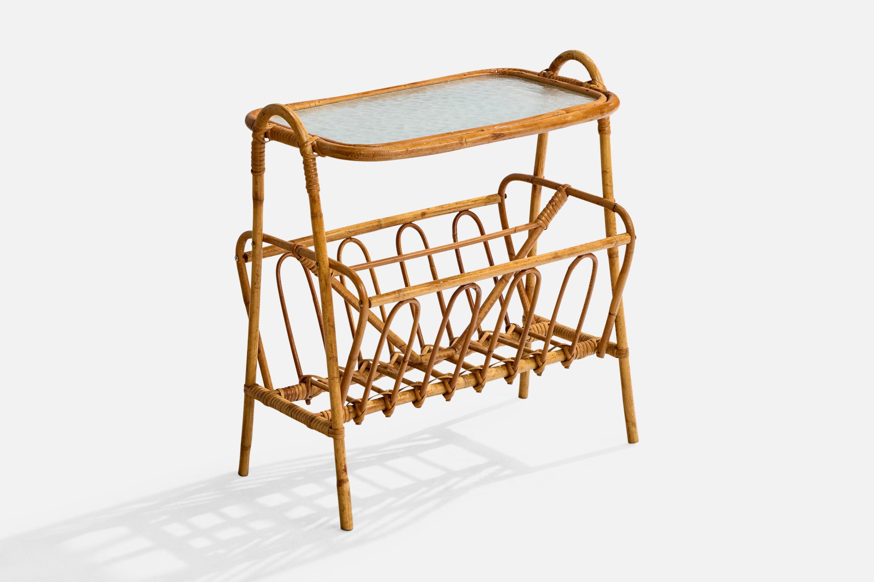 A bamboo, rattan and glass side table designed and produced in Sweden, c. 1950s.

Overall Dimensions (inches): 20.5