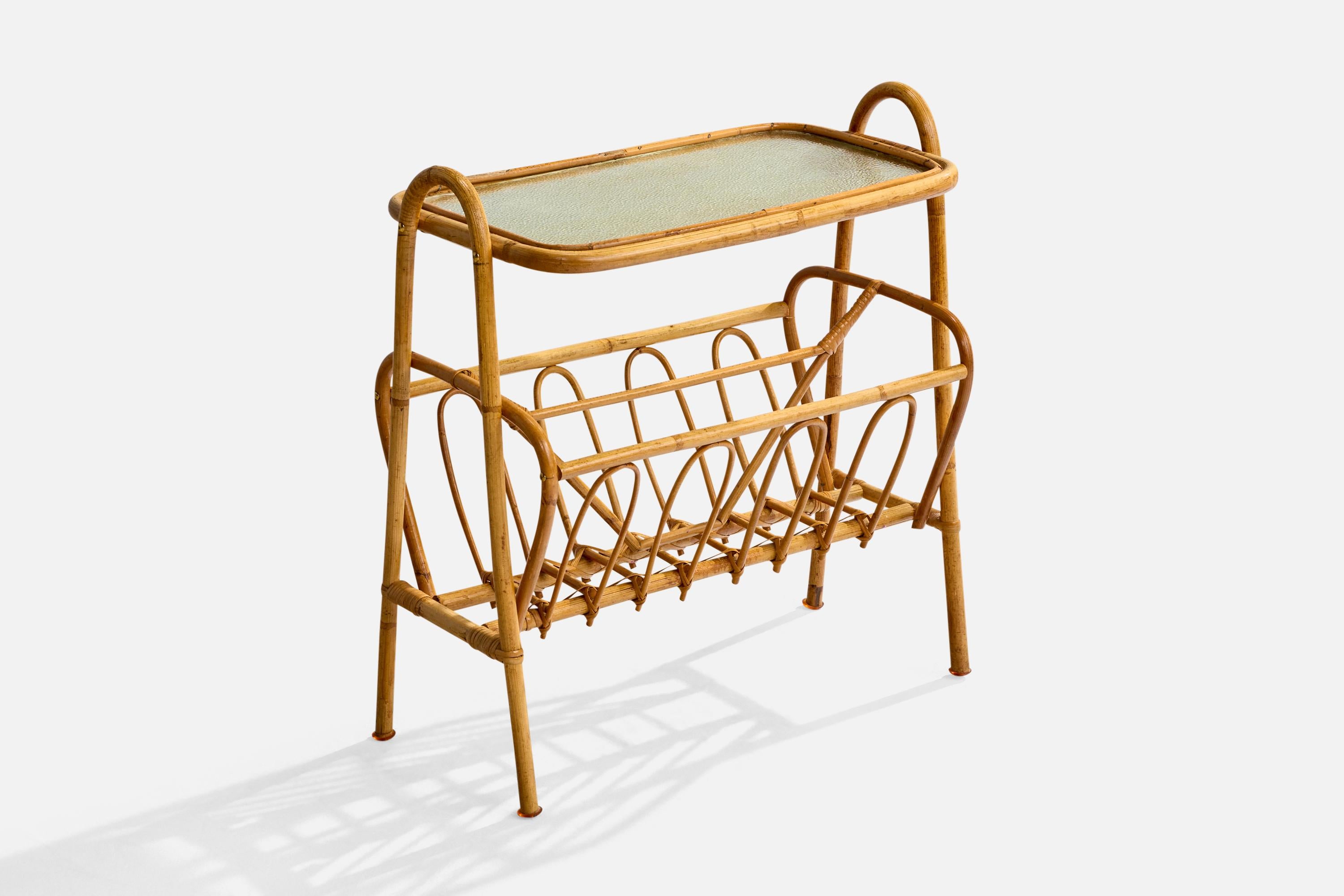 A bamboo, rattan and glass side table designed and produced in Sweden, c. 1950s.

Overall Dimensions (inches): 20.5