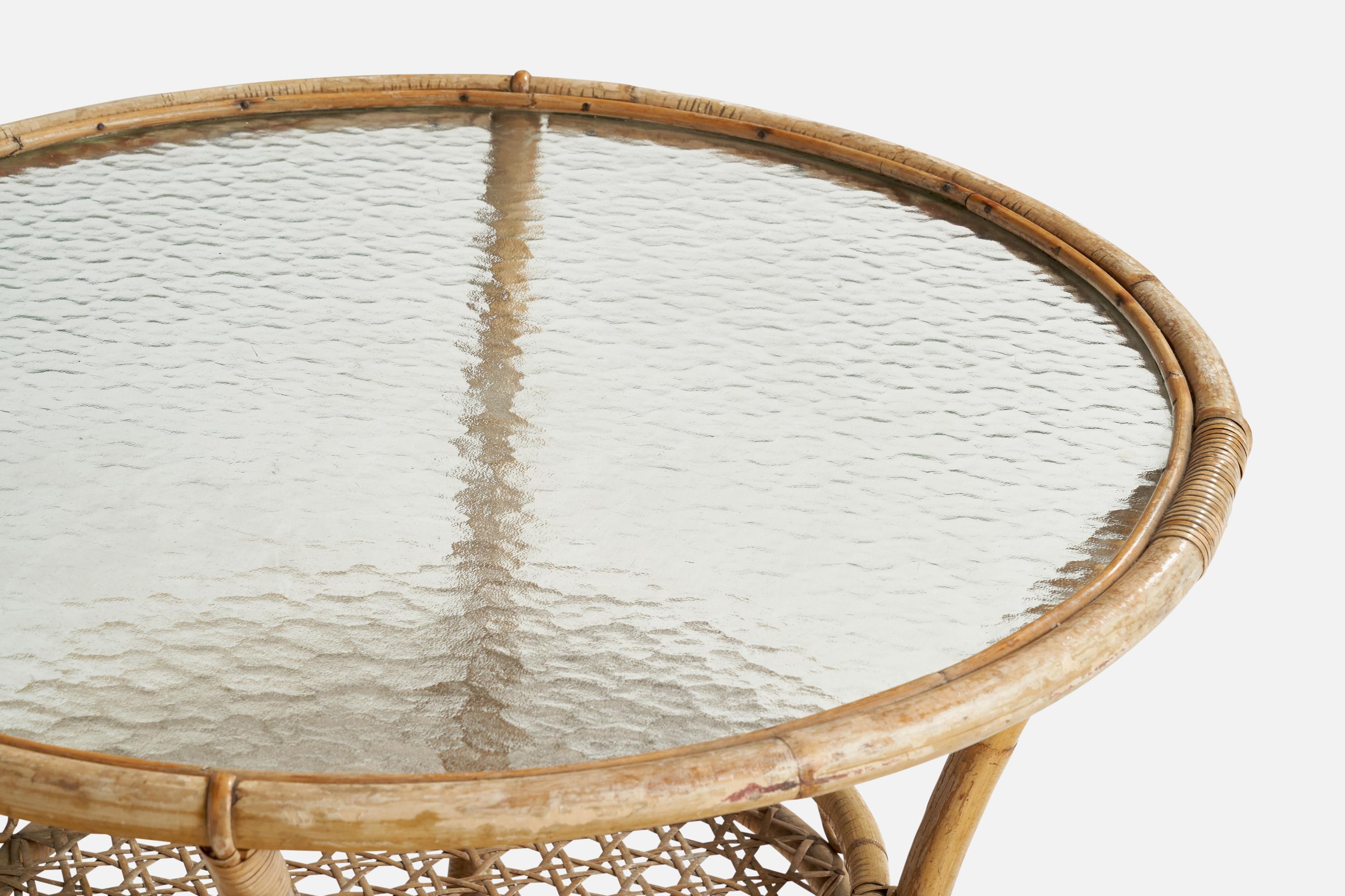 Mid-Century Modern Swedish Designer, Side Table, Bamboo, Rattan, Glass, Sweden, 1950s For Sale