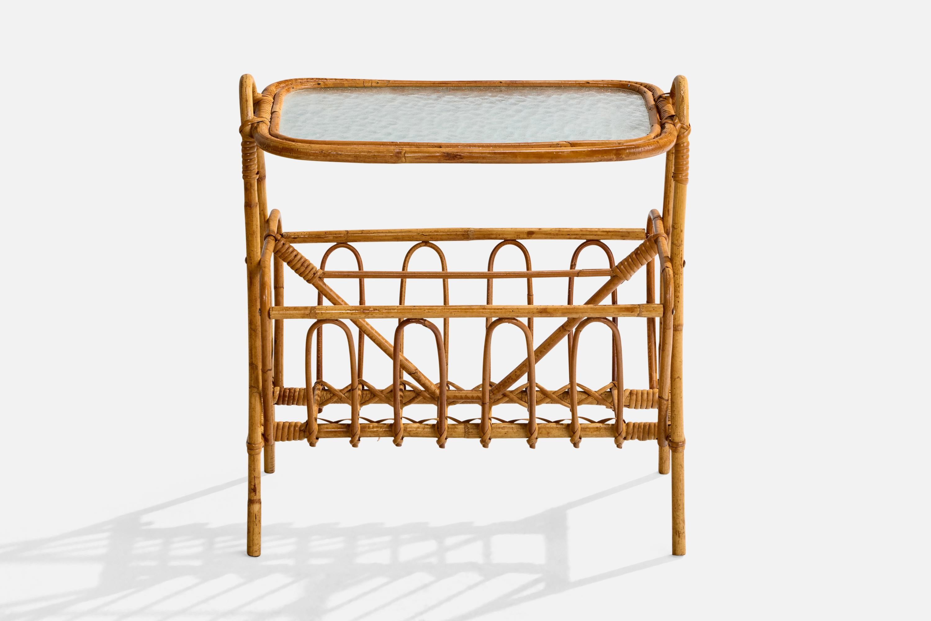 Mid-Century Modern Swedish Designer, Side Table, Bamboo, Rattan, Glass, Sweden, 1950s en vente