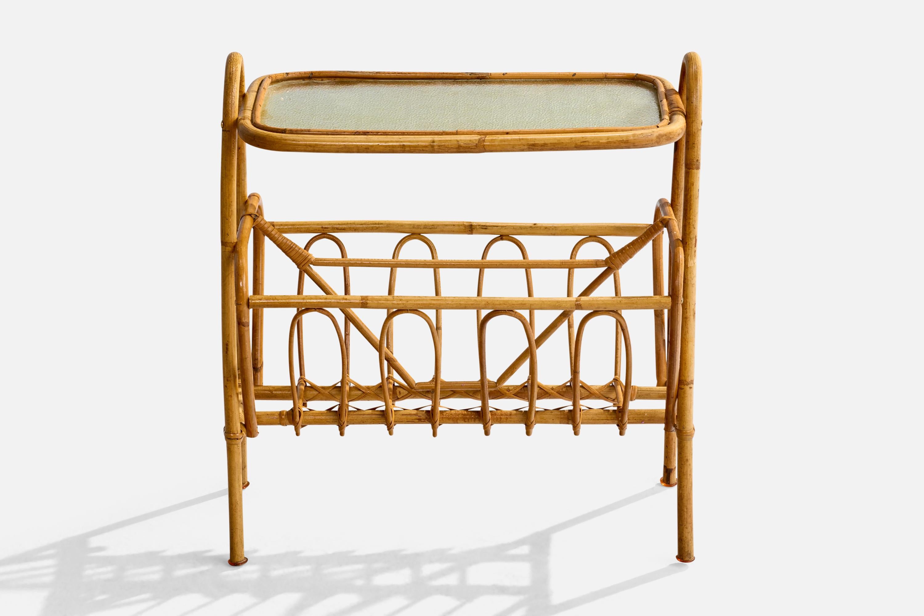 Mid-Century Modern Swedish Designer, Side Table, Bamboo, Rattan, Glass, Sweden, 1950s en vente