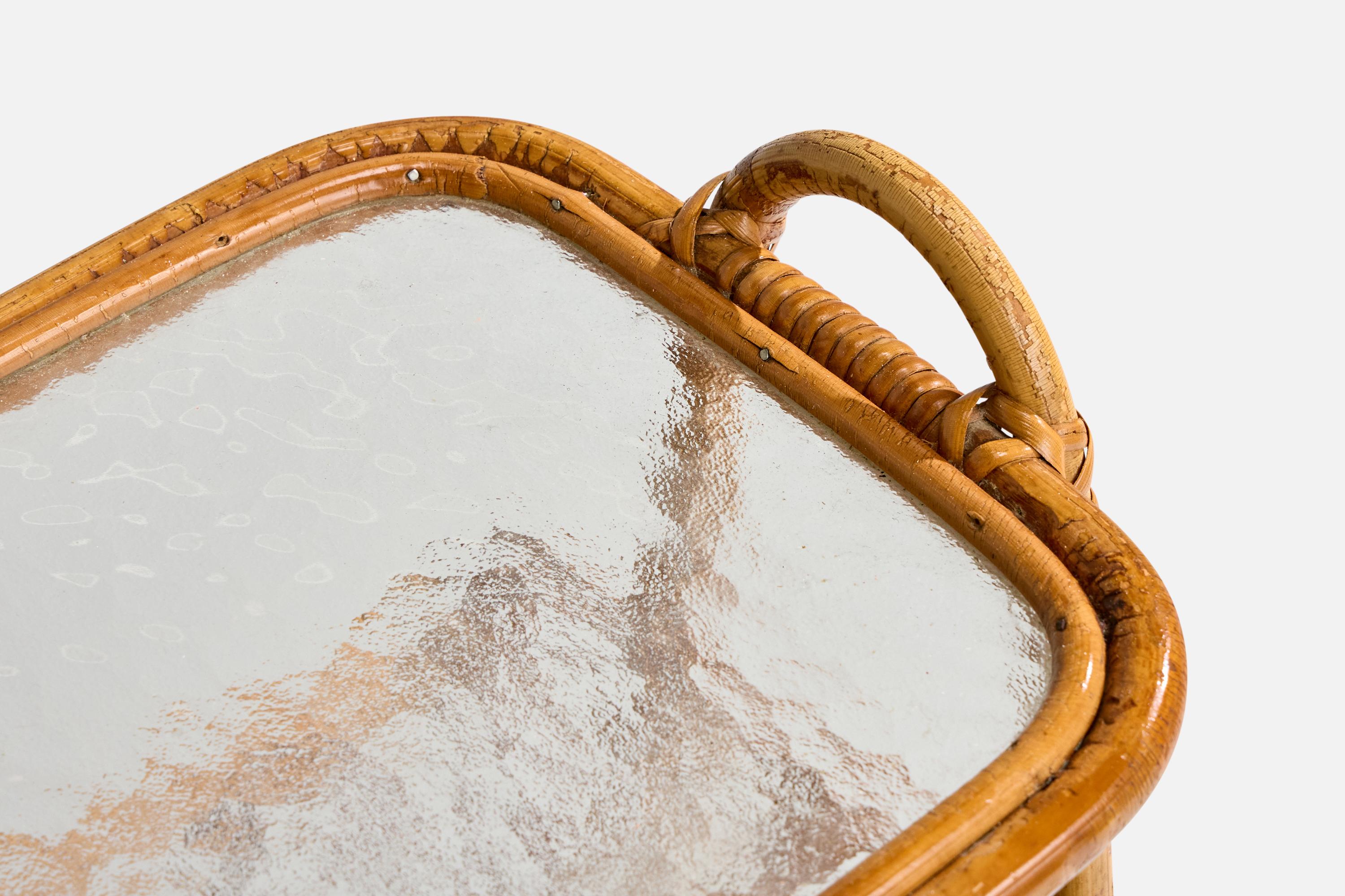 Bambou Swedish Designer, Side Table, Bamboo, Rattan, Glass, Sweden, 1950s en vente