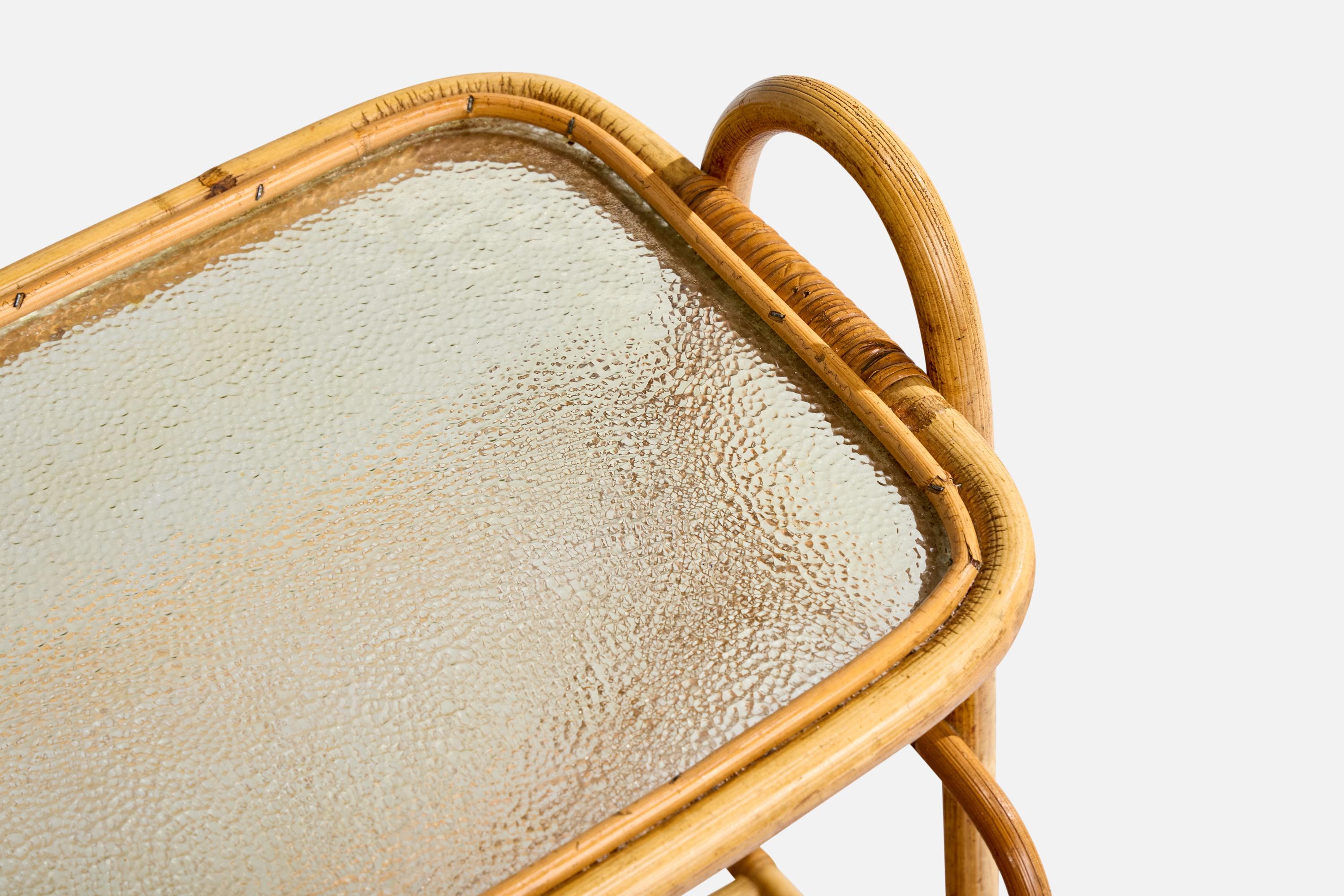 Bambou Swedish Designer, Side Table, Bamboo, Rattan, Glass, Sweden, 1950s en vente