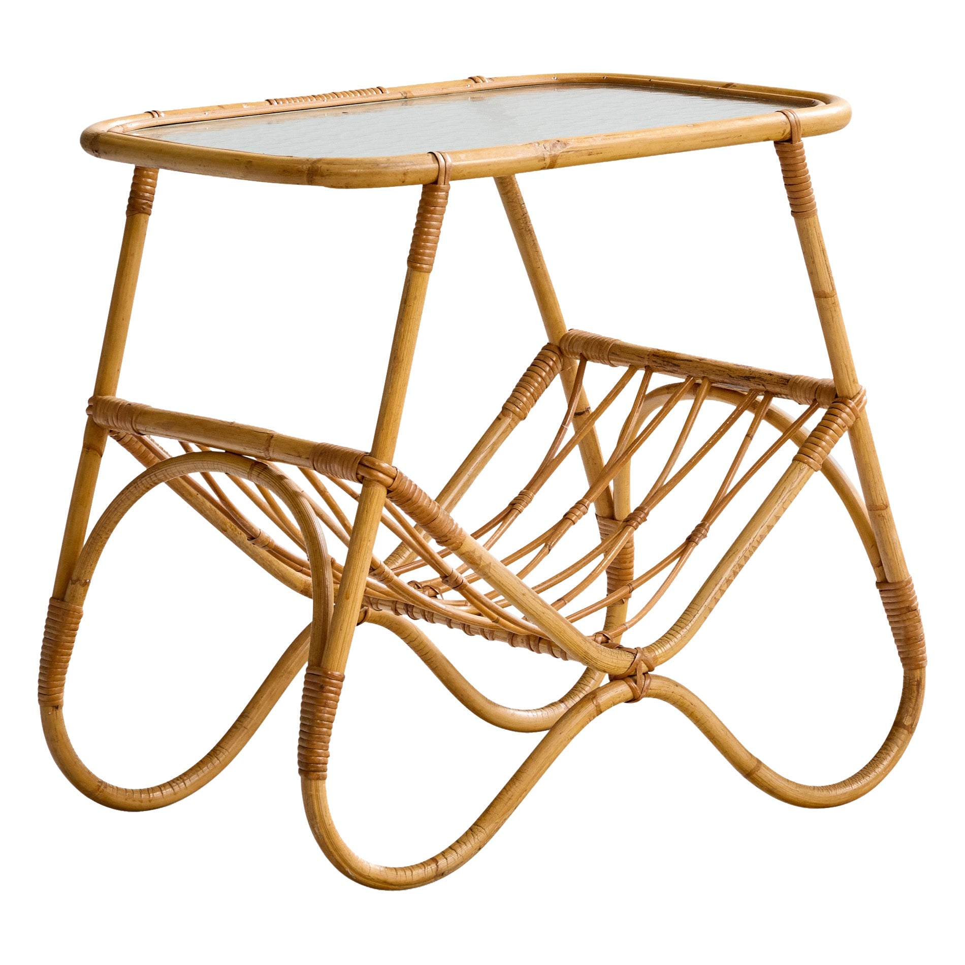 Swedish Designer, Side Table, Bamboo, Rattan, Glass, Sweden, 1950s