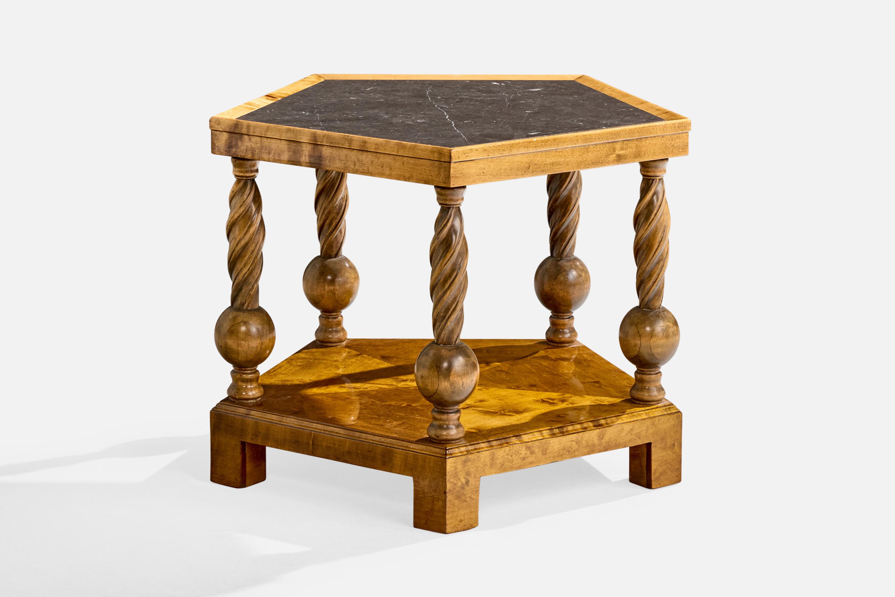 A birch and marble side table designed and produced in Sweden, c. 1930s.

Overall Dimensions (inches): 20.15