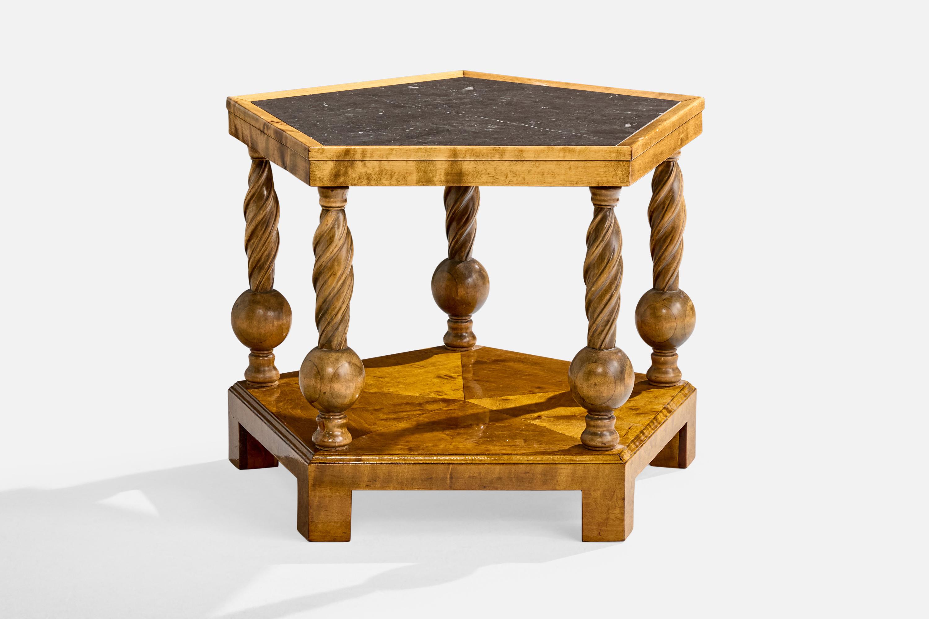 Scandinavian Modern Swedish Designer, Side Table, Birch, Marble, Sweden, 1930s For Sale