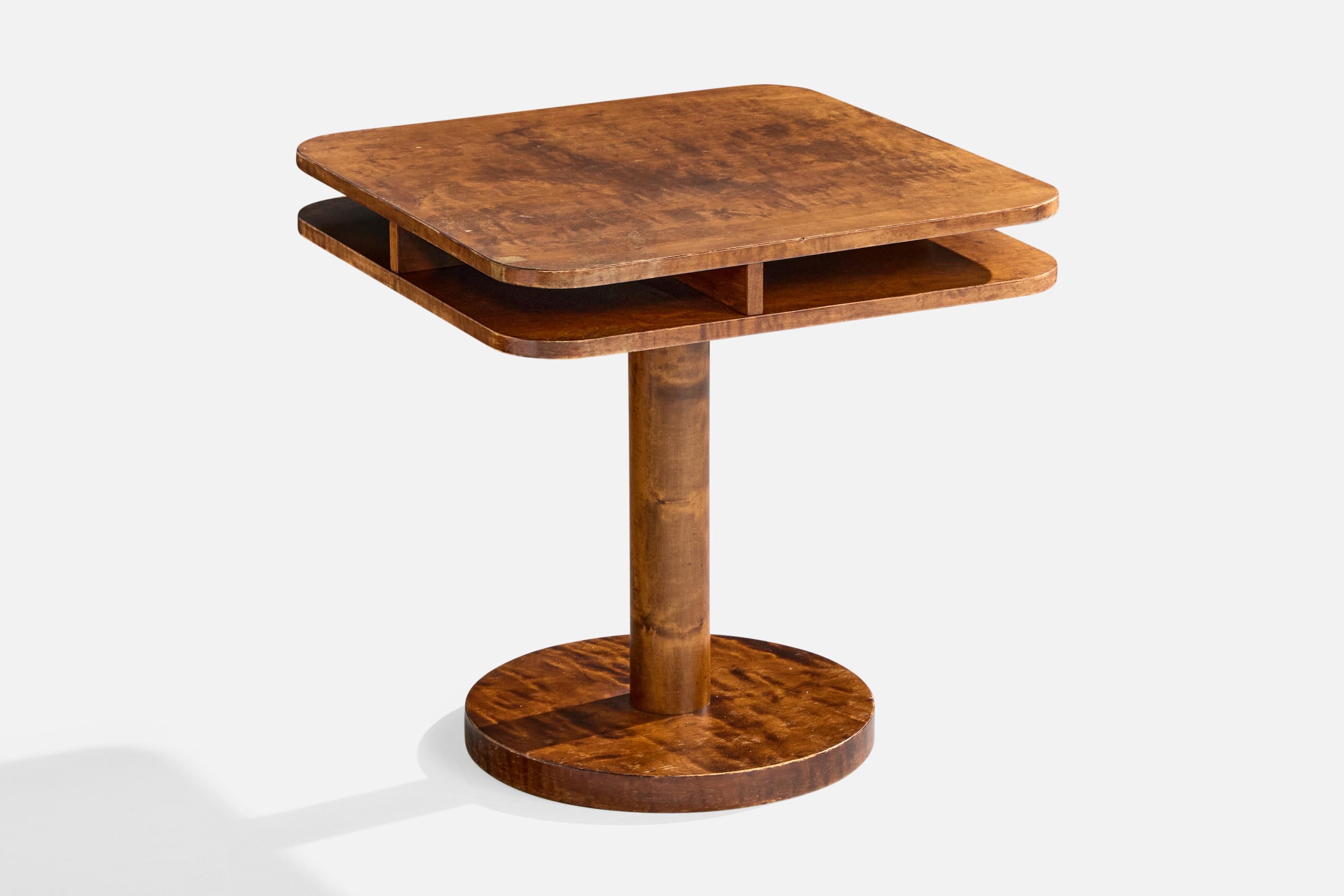 A stained birch side table designed and produced in Sweden, c. 1930s.

Very lightly discolored spots on tabletop.

Dimensions: 23.625” H x 23.625” W x 23.625” D