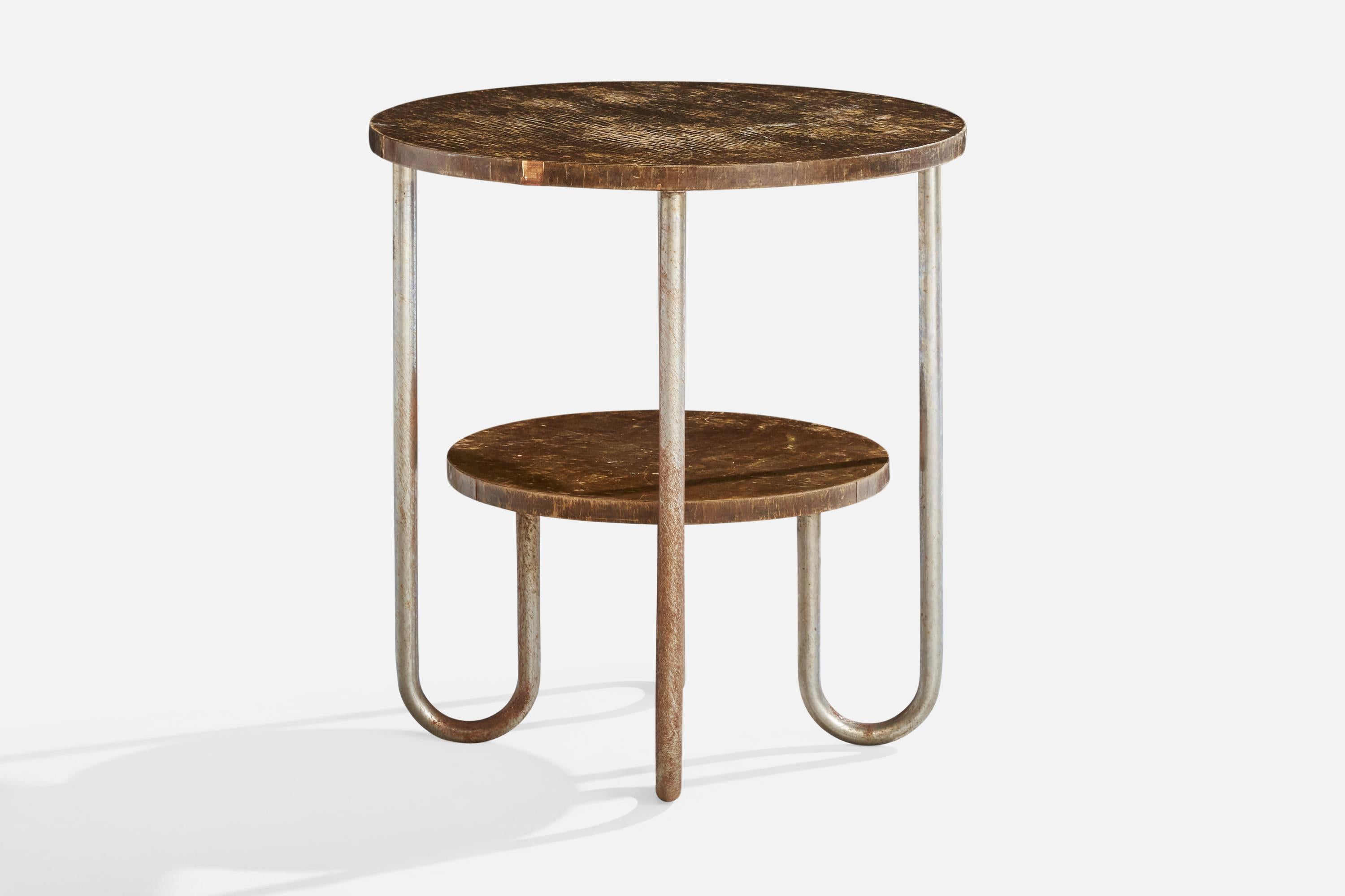 Schwedischer Designer, Beistelltisch, Metall, Holz, Schweden, 1930er Jahre im Zustand „Starke Gebrauchsspuren“ im Angebot in High Point, NC