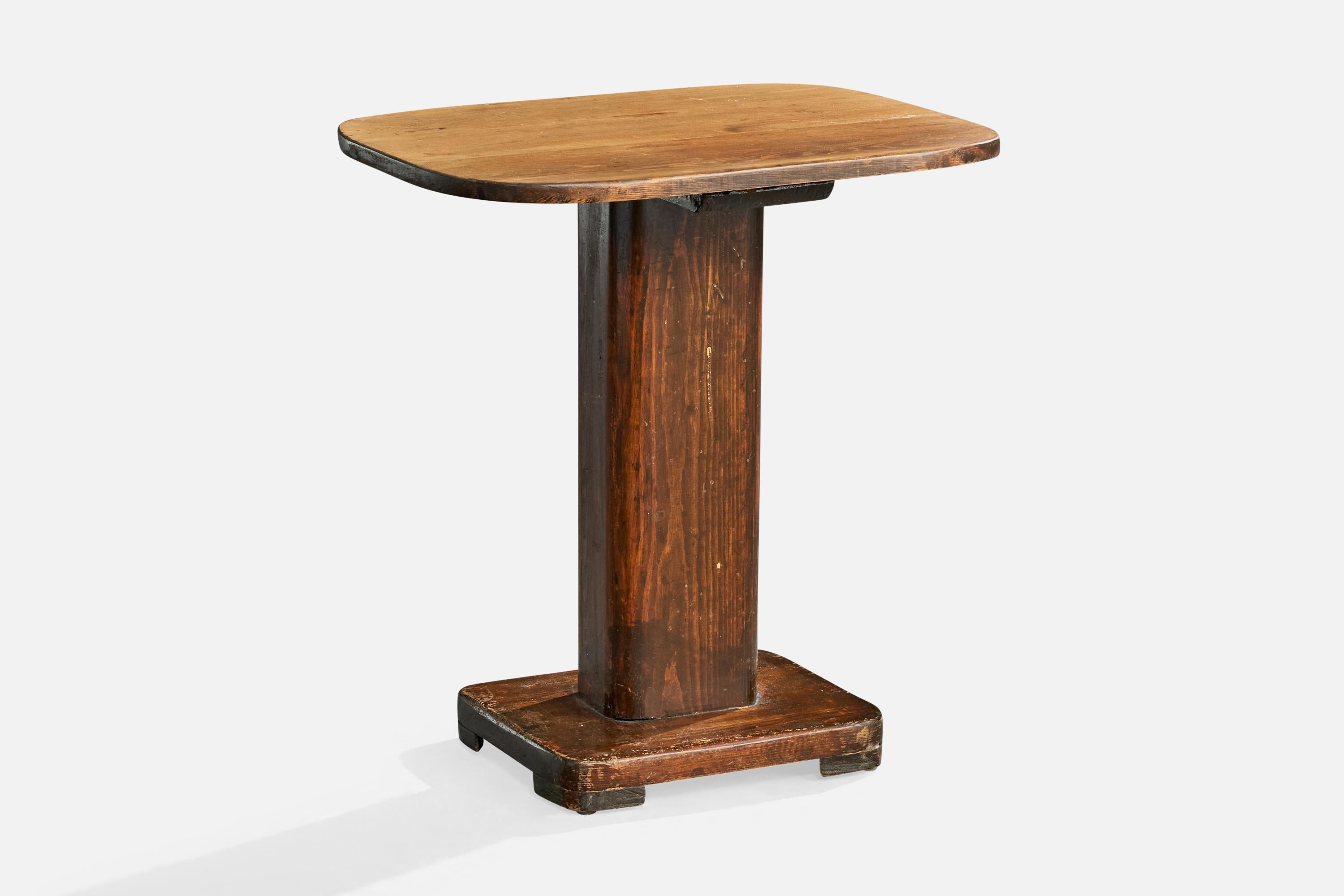 A dark-stained pine side table likely designed and produced in Sweden, c. 1920s.

Tabletop and column/foot have different finishes, with tabletop surface being matte smooth with minimal wear vs moderate signs of wear to glossy finish of column and